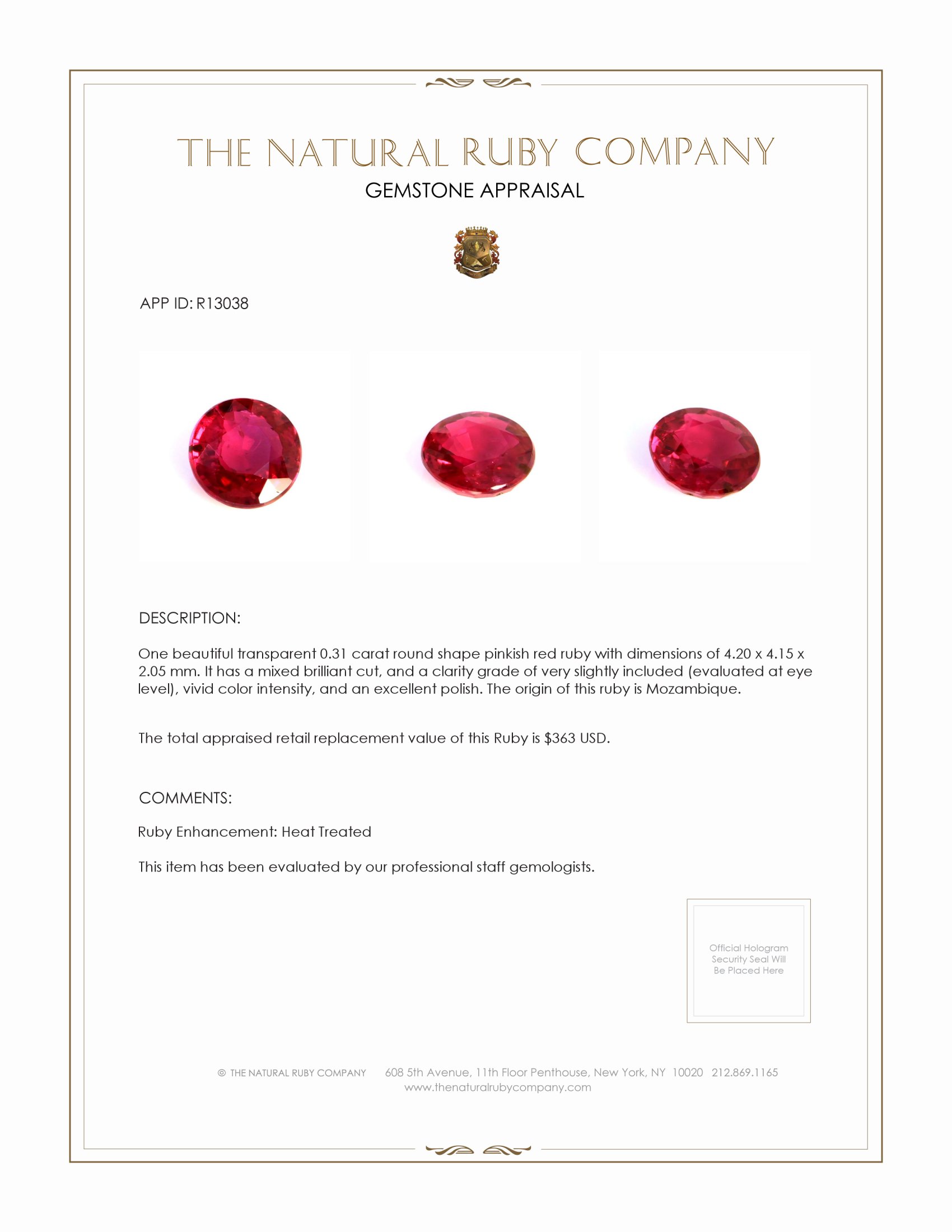 0.31 Ct. Pinkish Red Ruby from Mozambique
