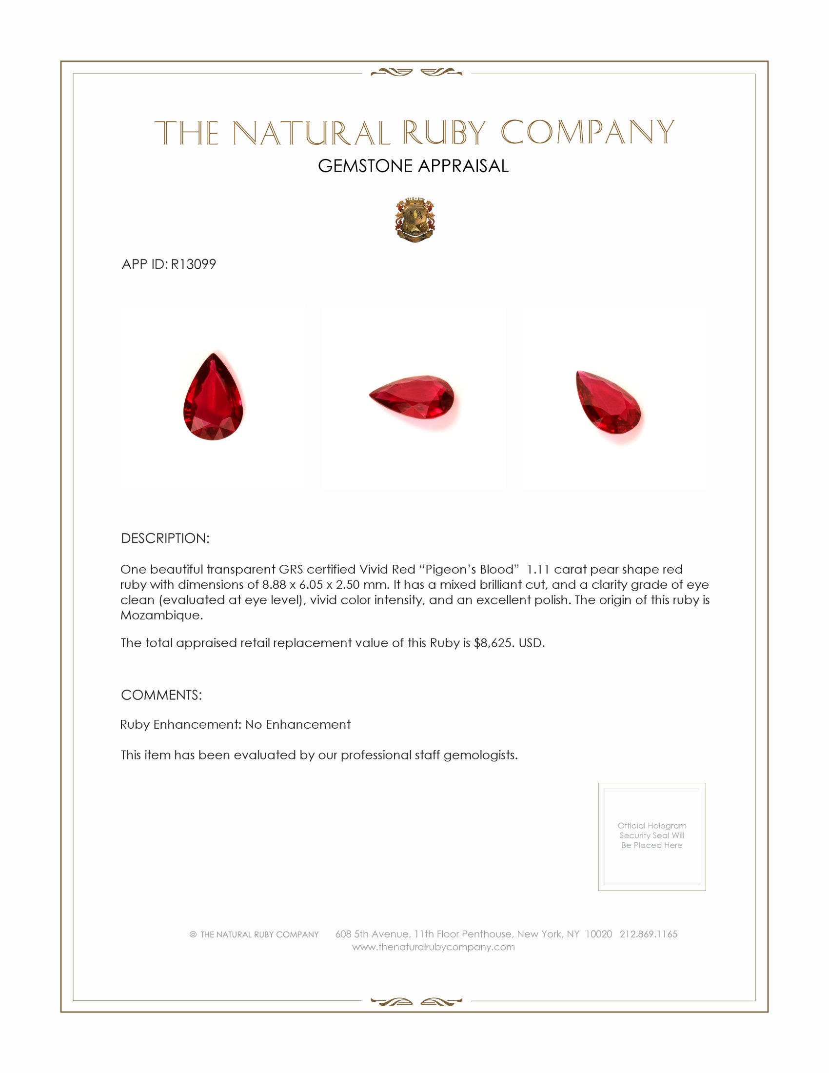 1.11 Ct. Ruby from Mozambique