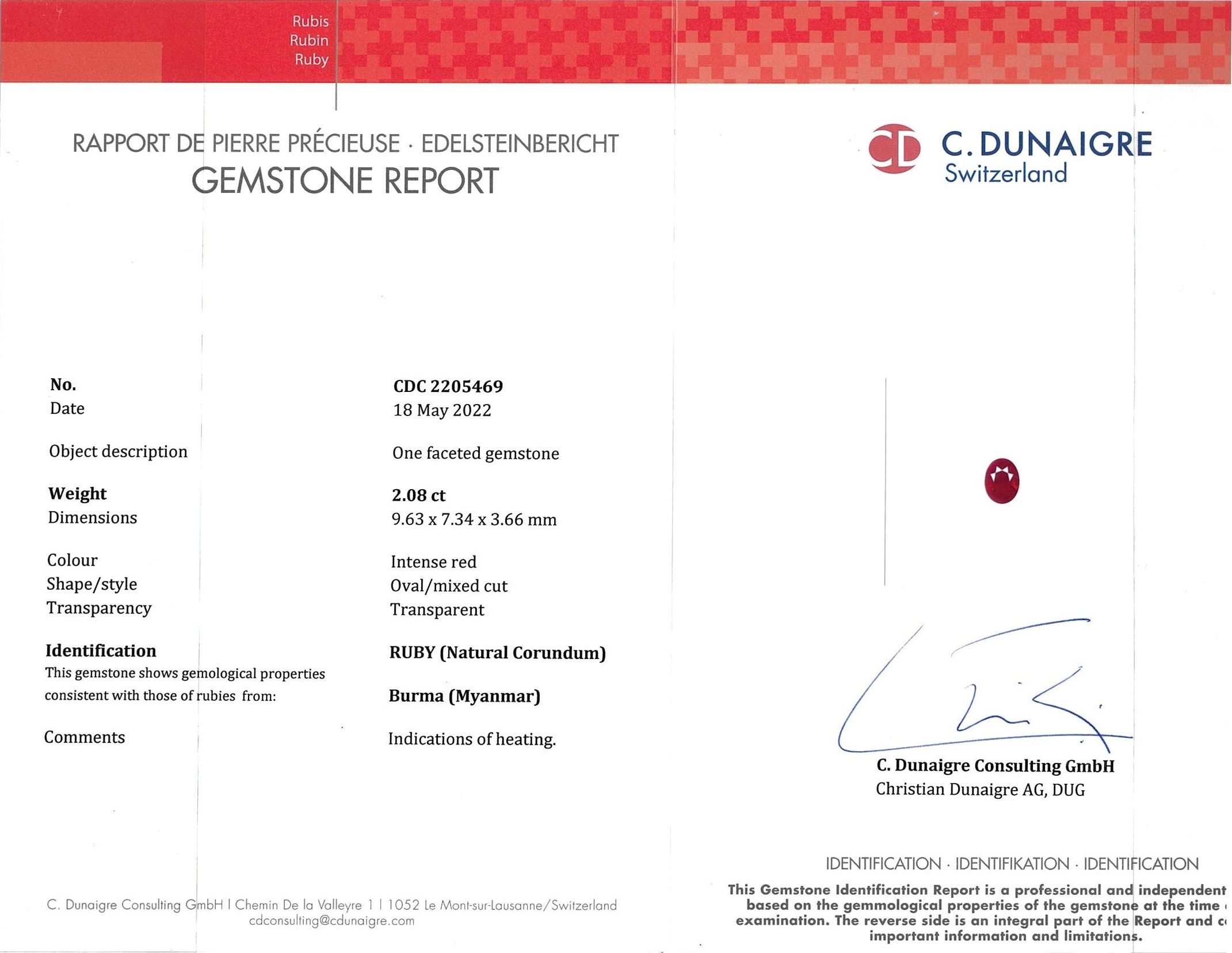 2.08 Ct. Ruby from Burma (Myanmar)