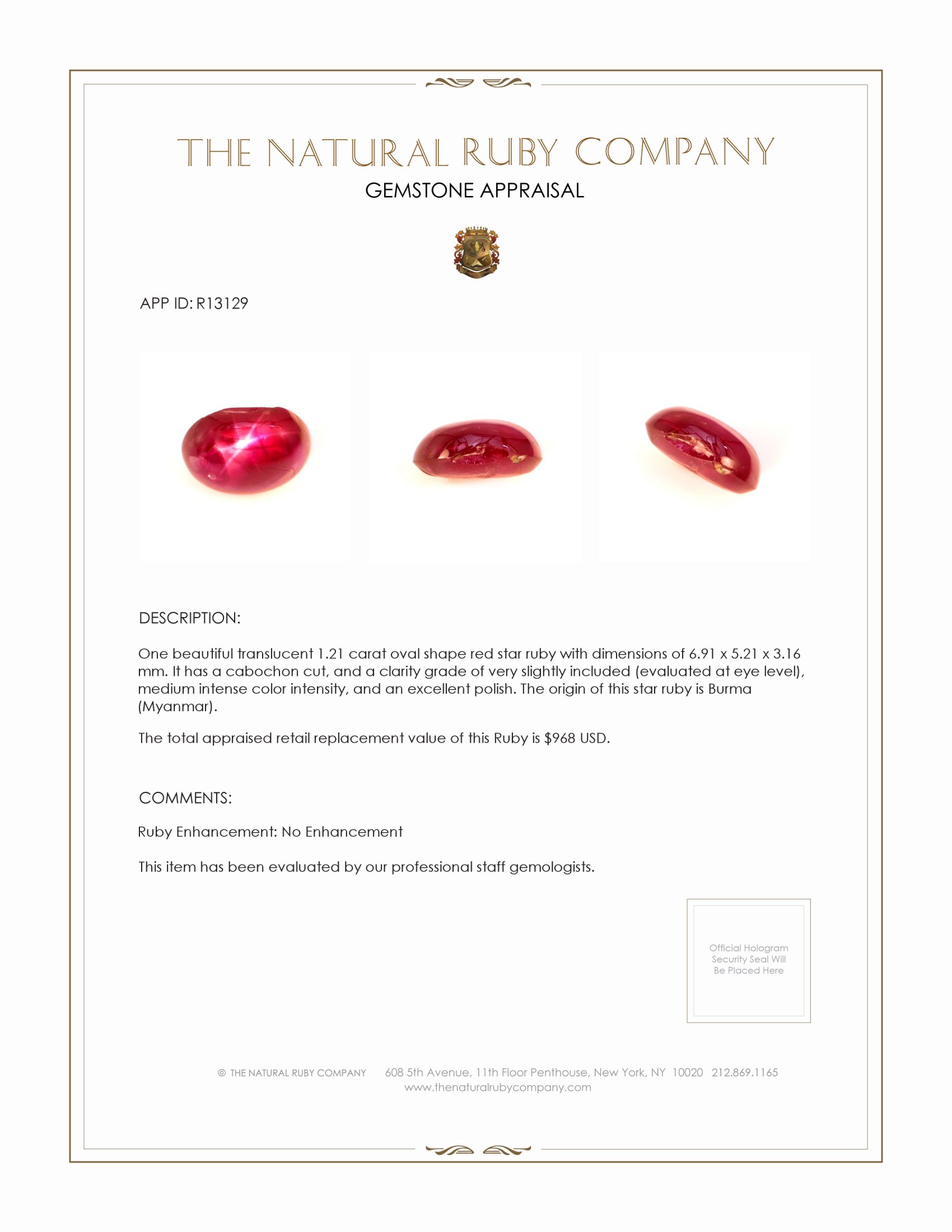 1.21 Ct. Star Ruby from Burma (Myanmar)