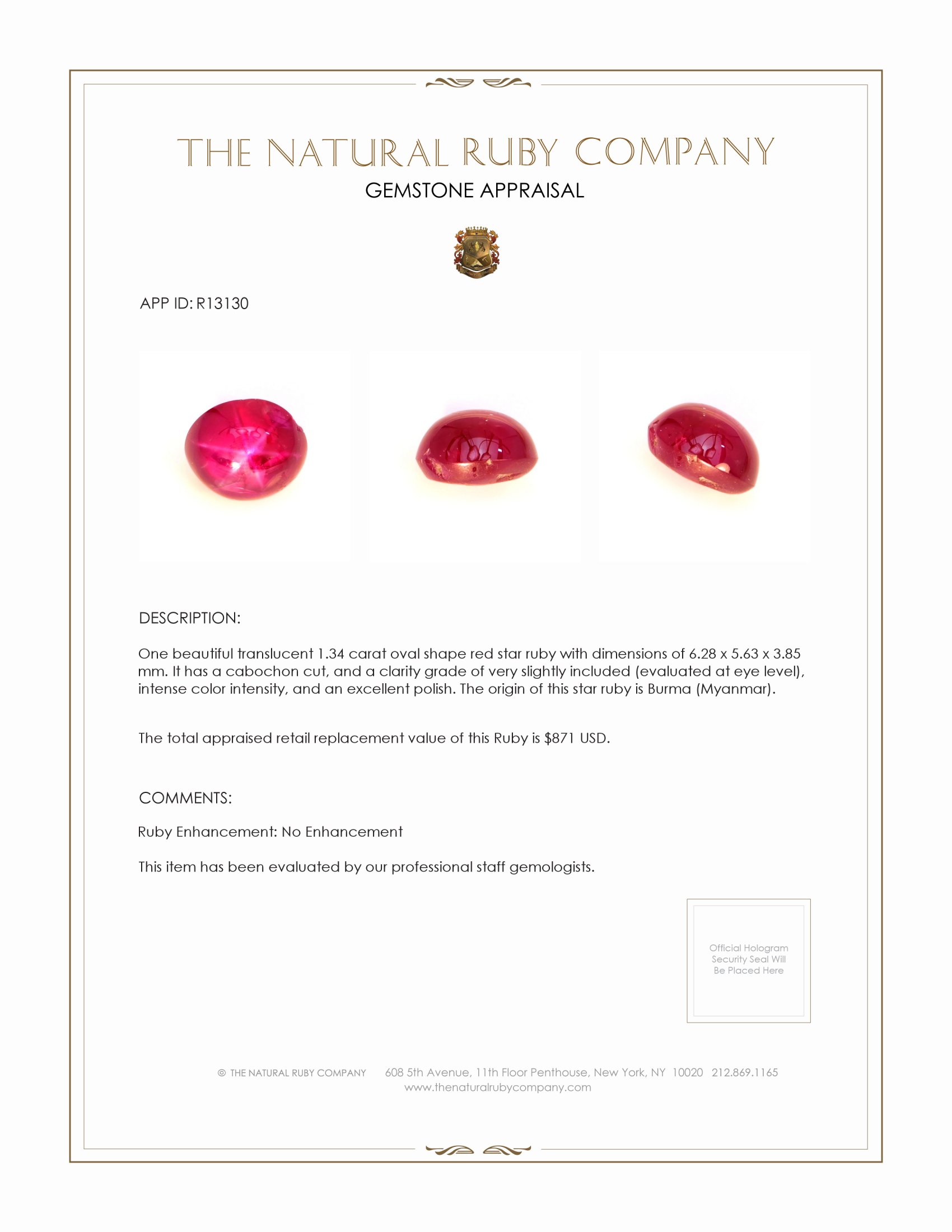 1.34 Ct. Star Ruby from Burma (Myanmar)