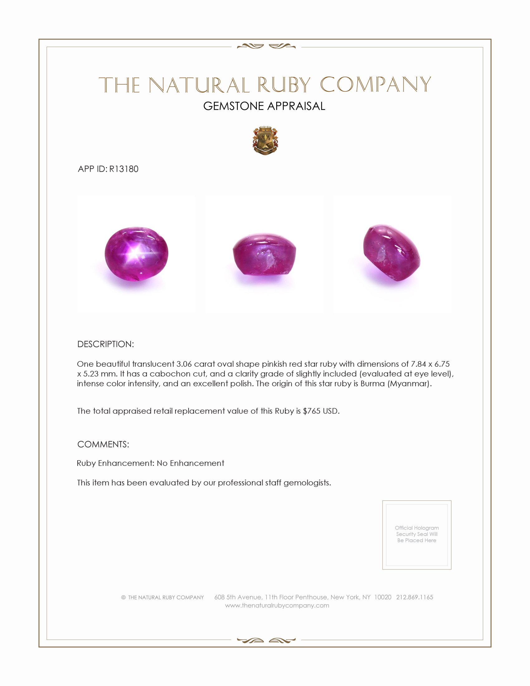 3.06 Ct. Star Ruby from Burma (Myanmar)