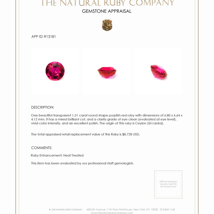 1.51 Ct. Ruby from Ceylon (Sri Lanka)
