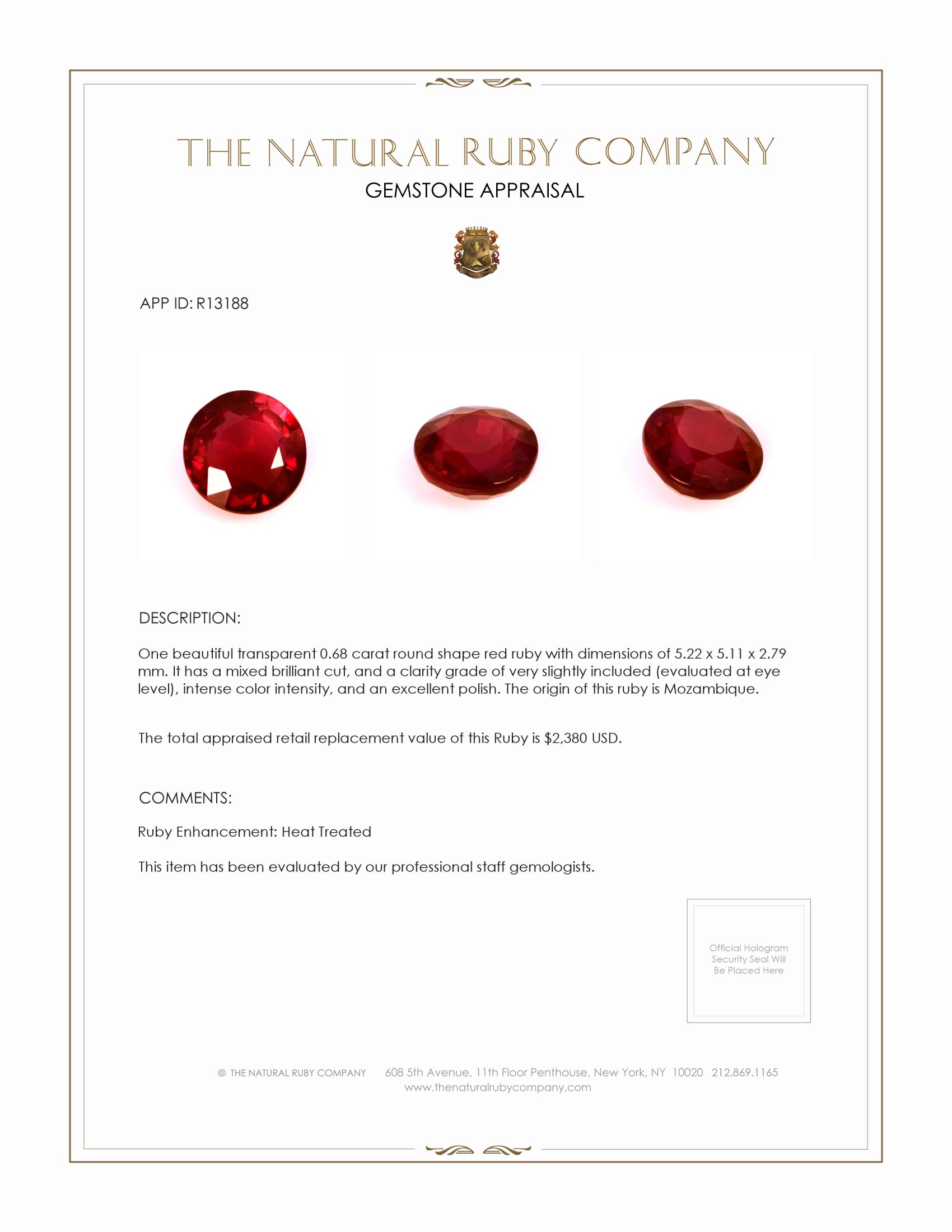 0.68 Ct. Ruby from Mozambique