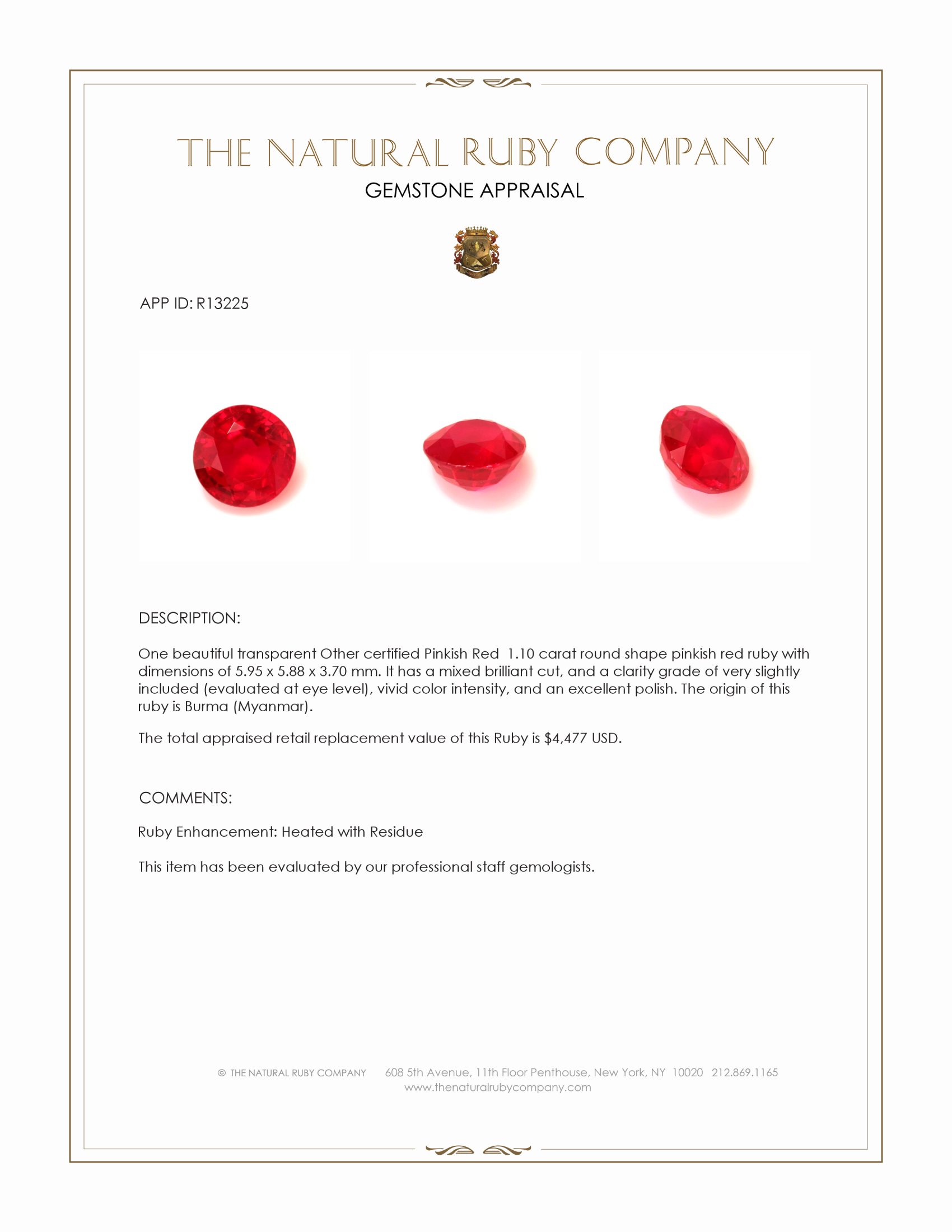 1.10 Ct. Pinkish Red Ruby from Burma (Myanmar)