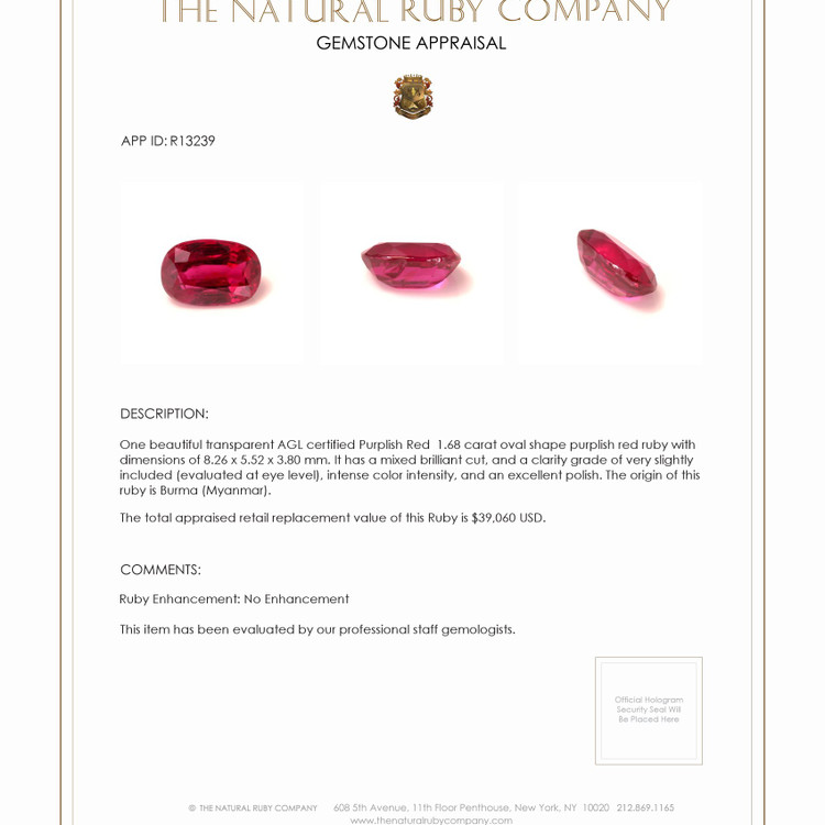 1.68 Ct. Ruby from Burma (Myanmar)