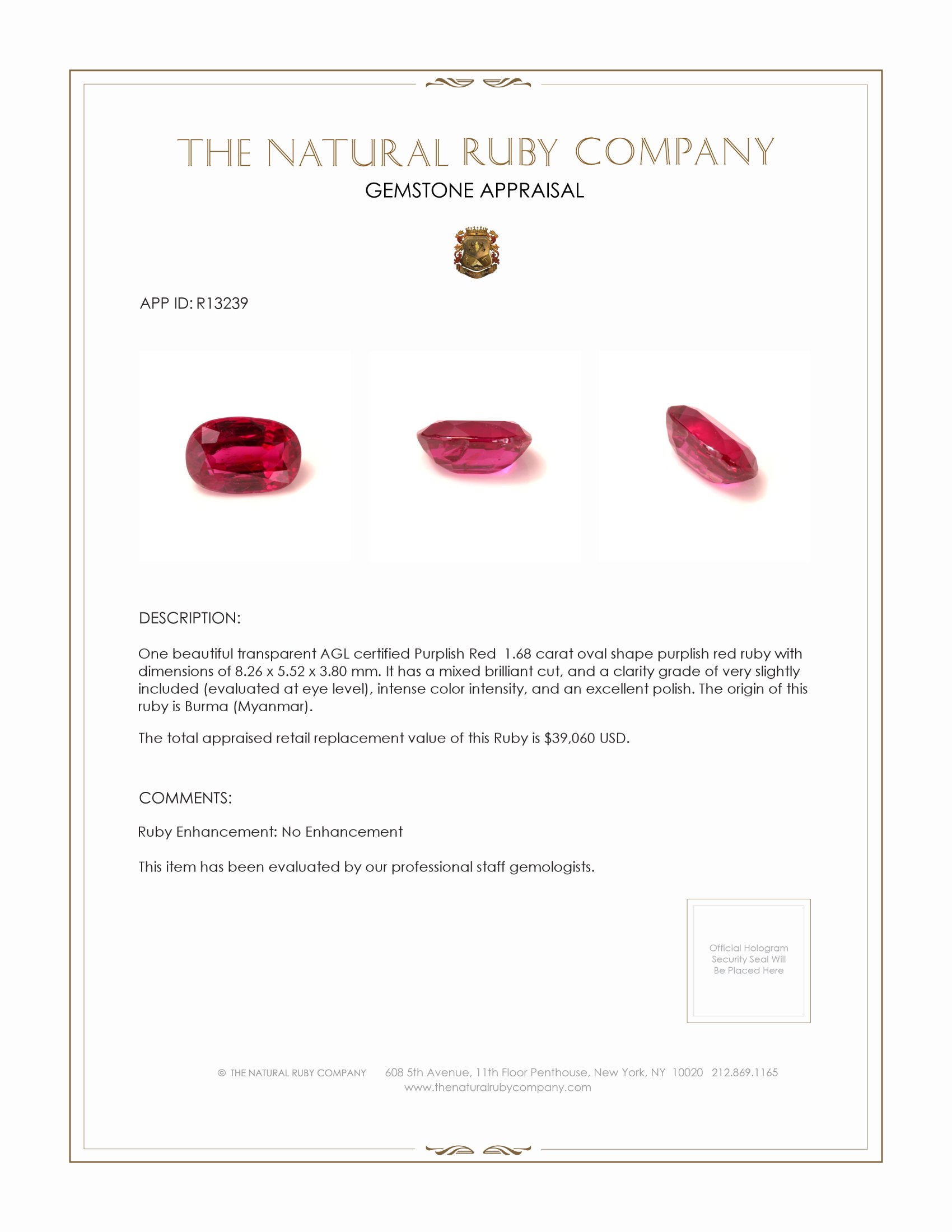 1.68 Ct. Ruby from Burma (Myanmar)