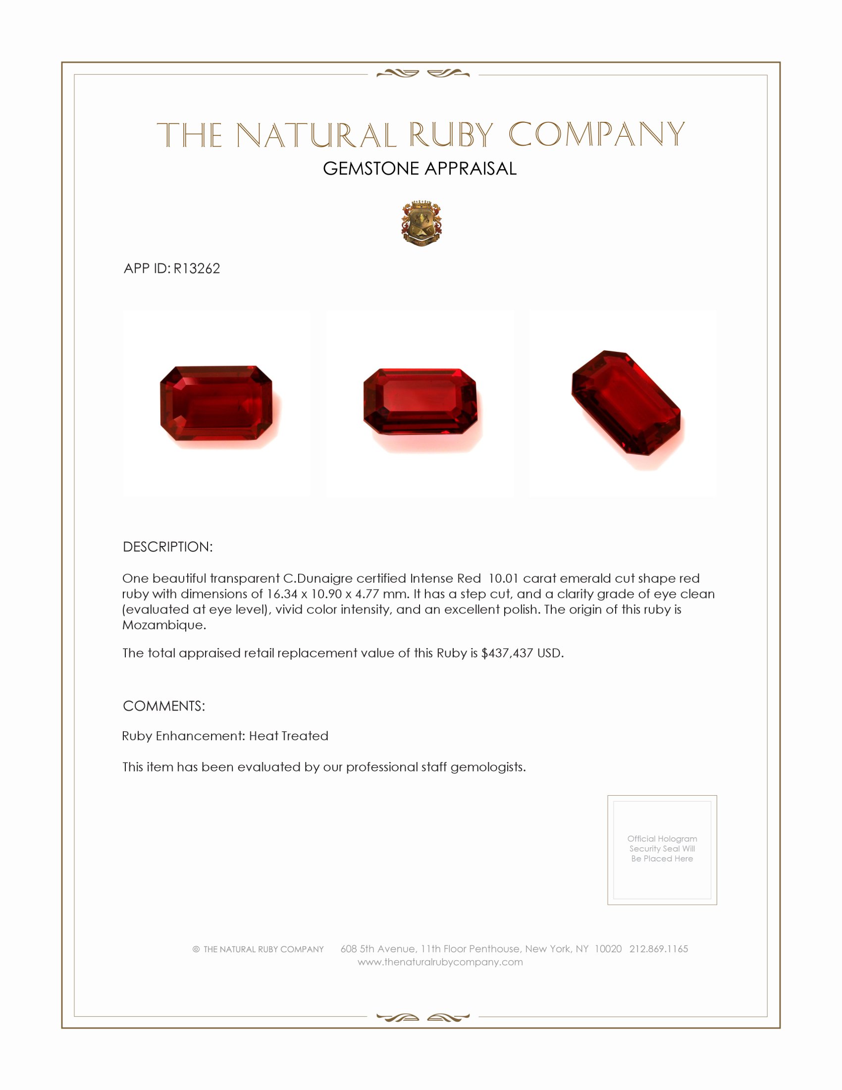 10.01 Ct. Ruby from Mozambique