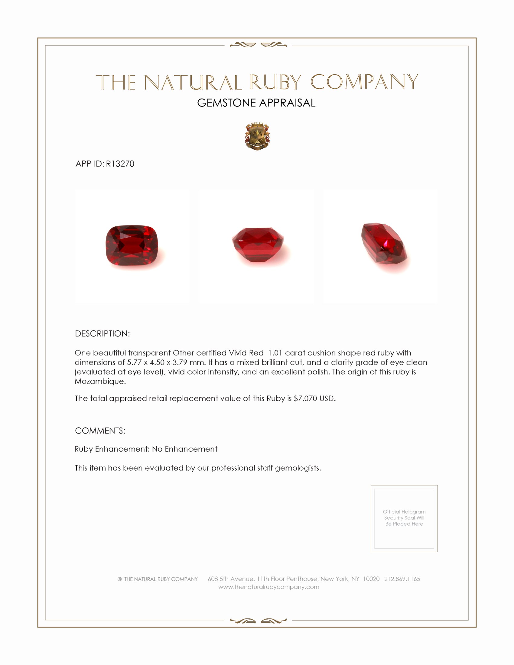 1.01 Ct. Ruby from Mozambique