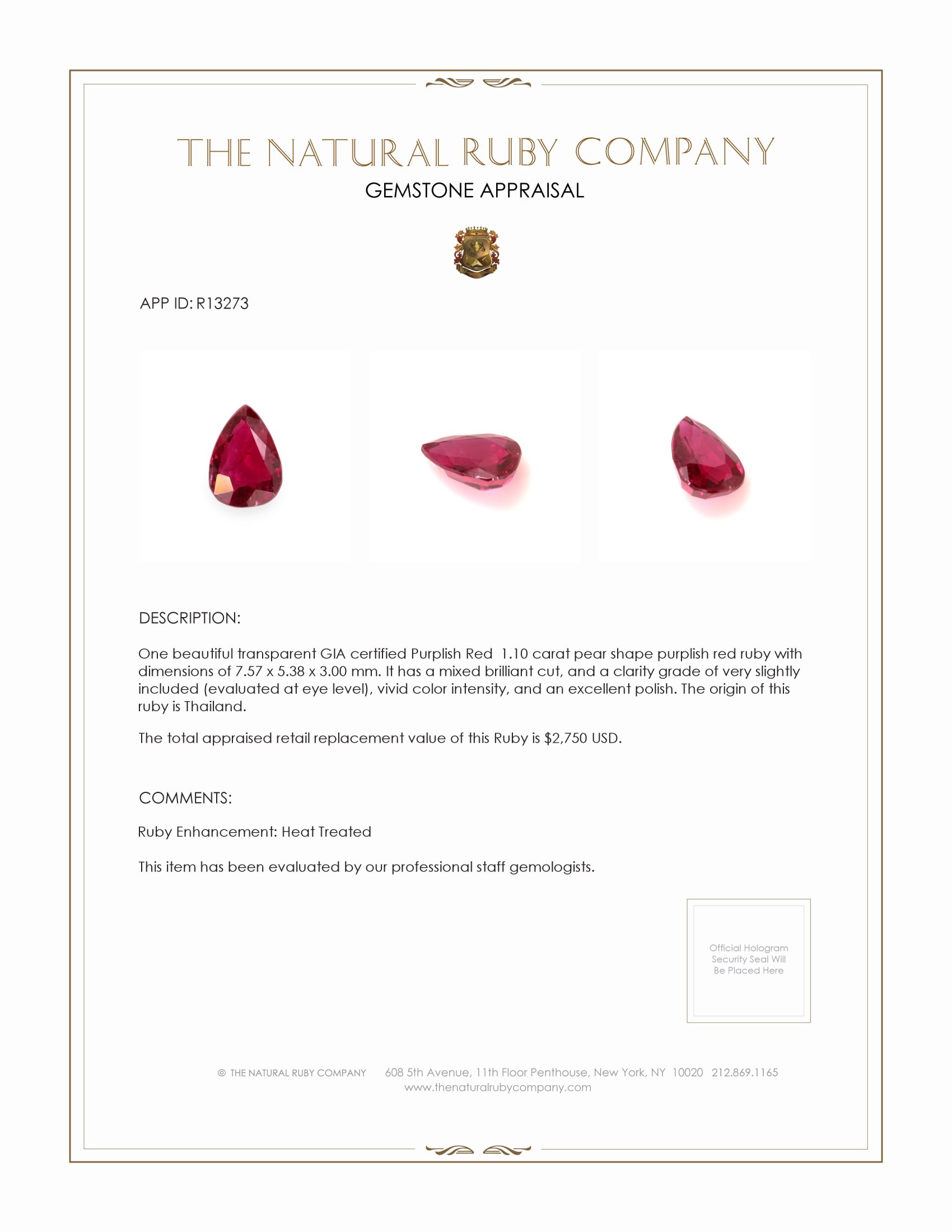 1.10 Ct. Purplish Red Ruby from Thailand