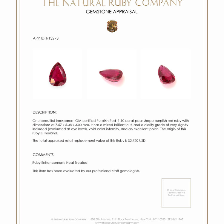 1.10 Ct. Ruby from Thailand
