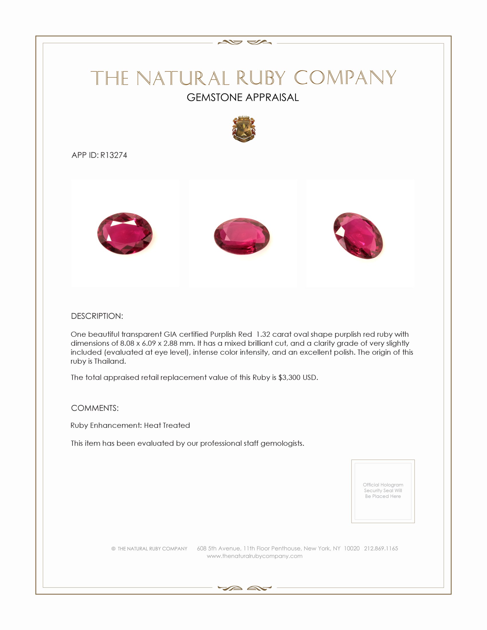 1.32 Ct. Ruby from Thailand