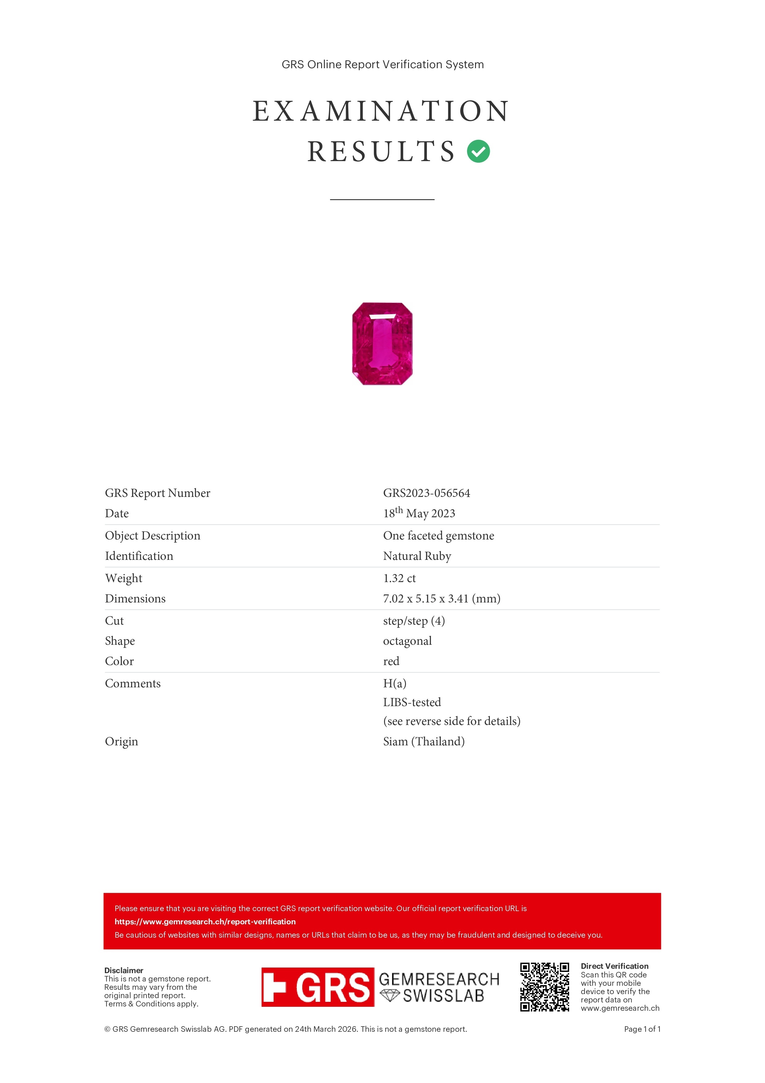 1.32 Ct. Ruby from Thailand