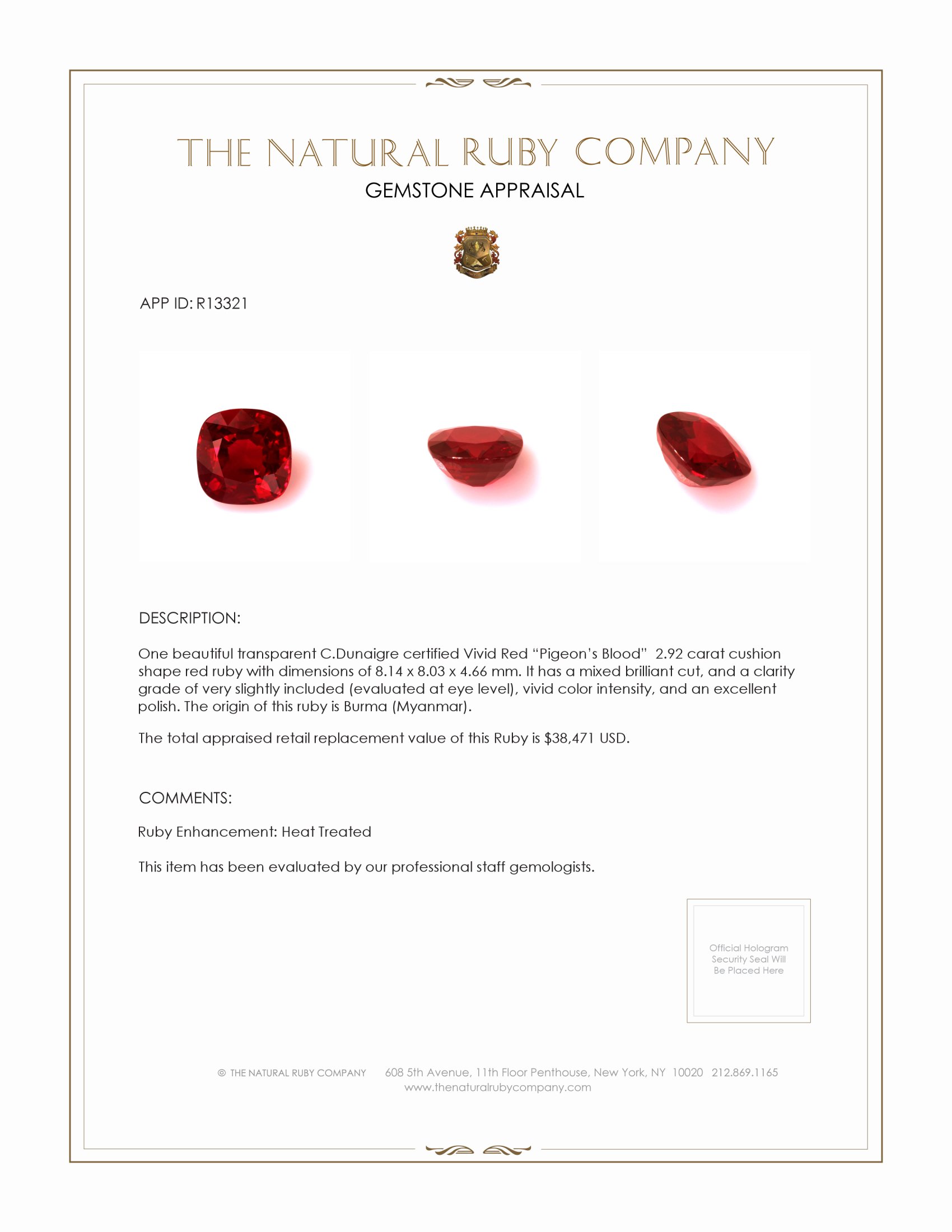 2.92 Ct. Ruby from Burma (Myanmar)