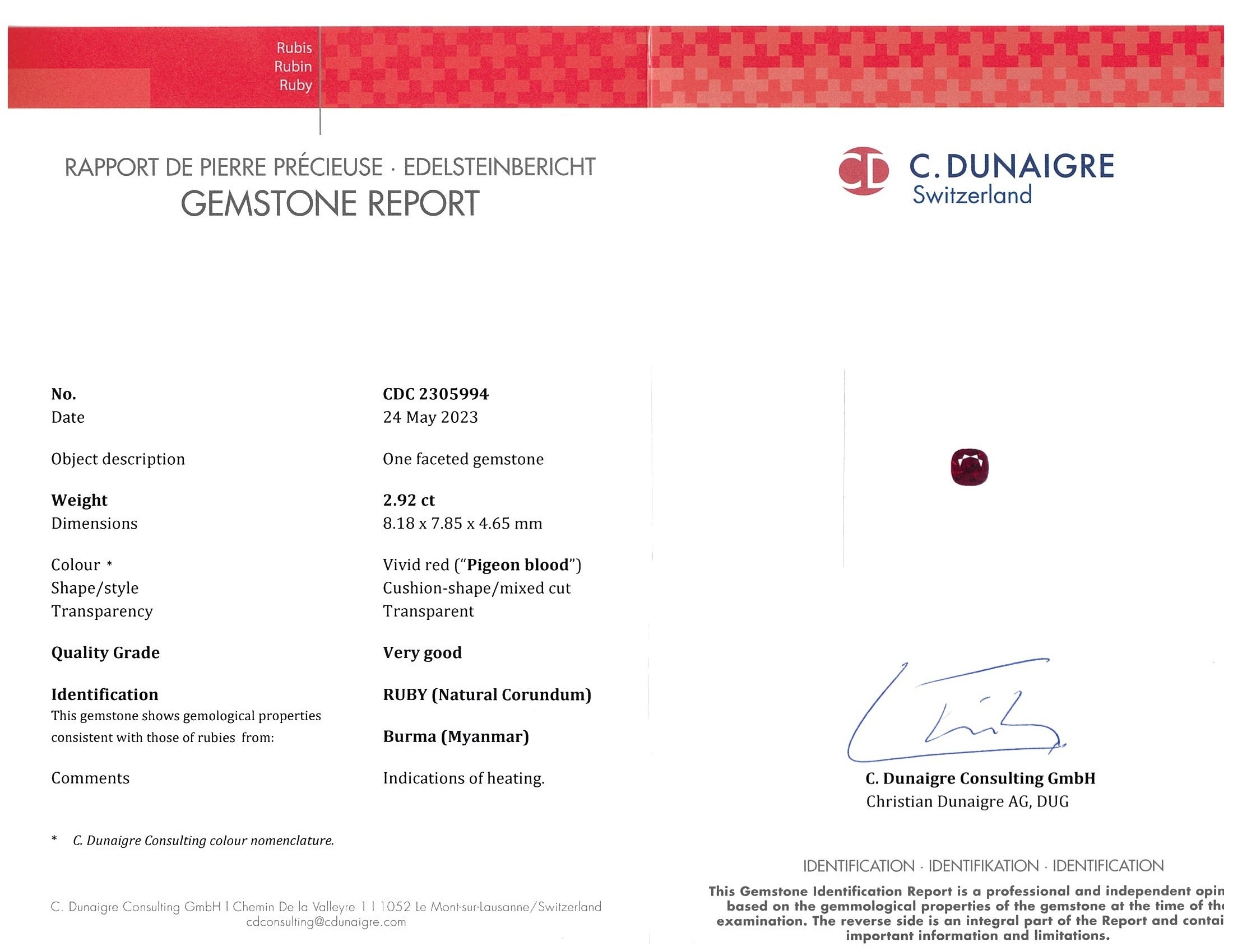 2.92 Ct. Ruby from Burma (Myanmar)