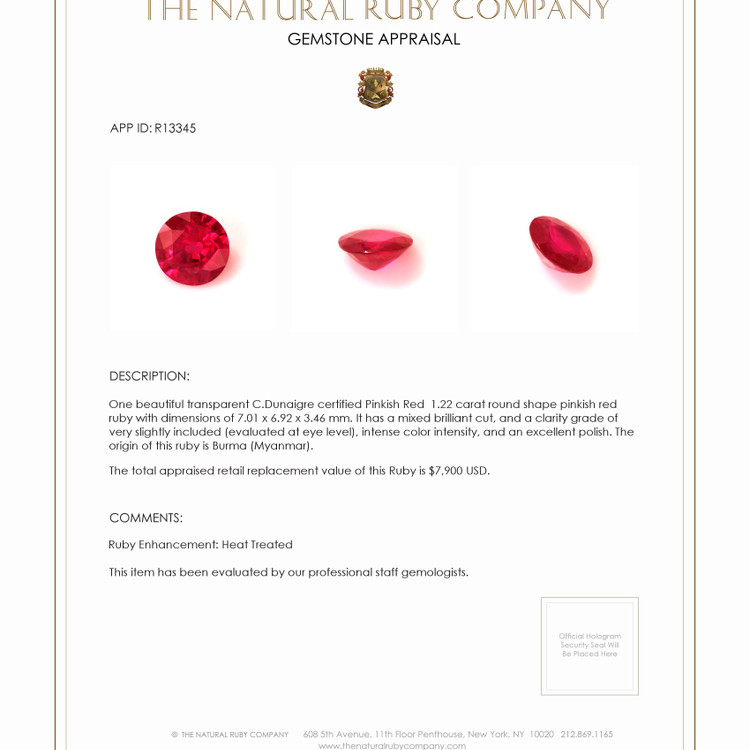 1.22 Ct. Ruby from Burma (Myanmar)