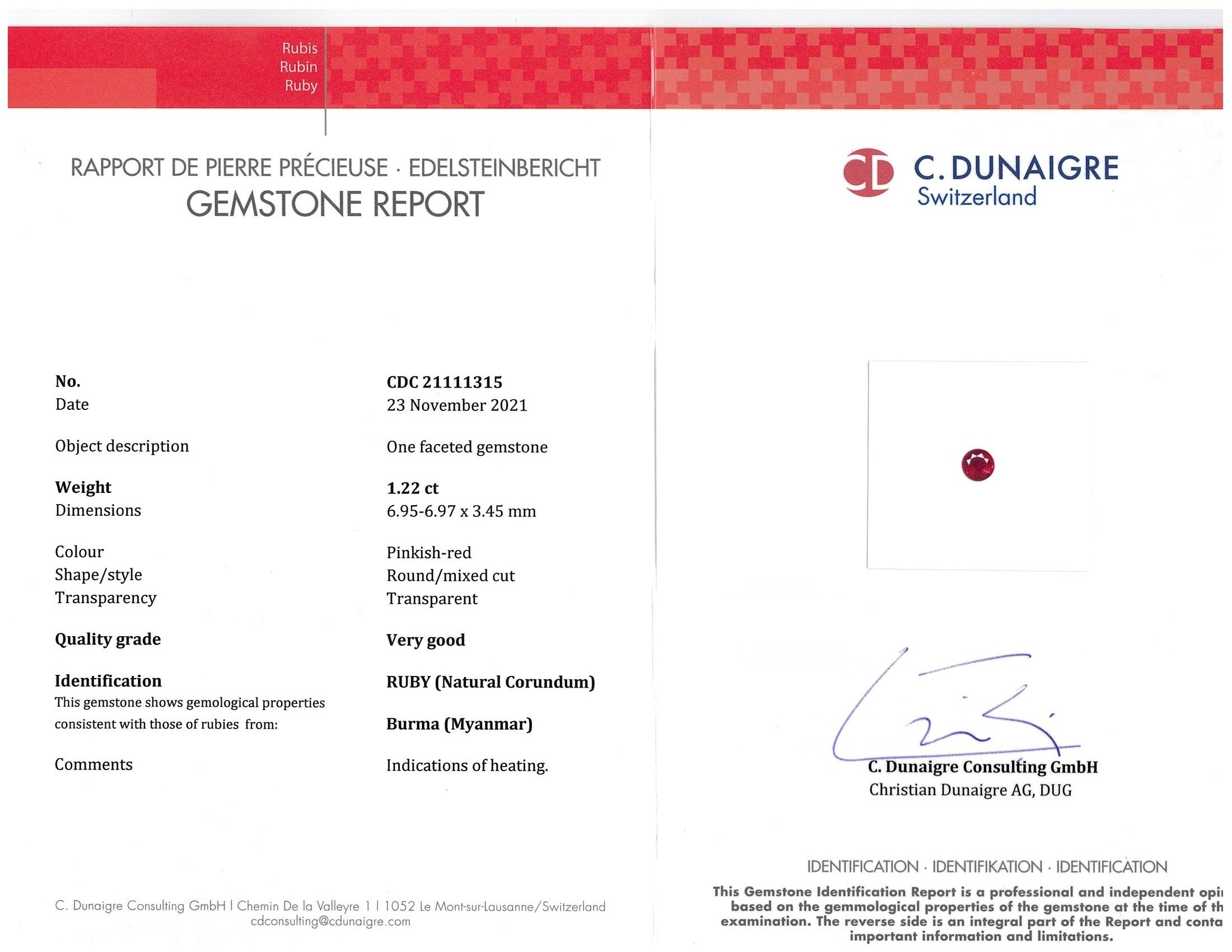 1.22 Ct. Ruby from Burma (Myanmar)