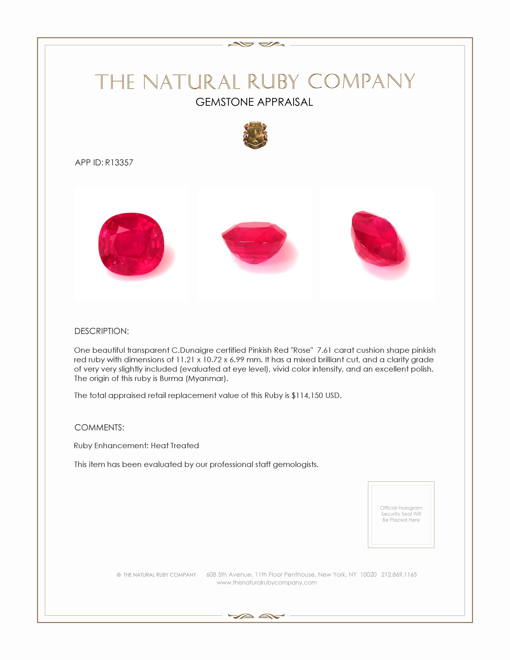 7.61 Ct. Ruby from Burma (Myanmar)