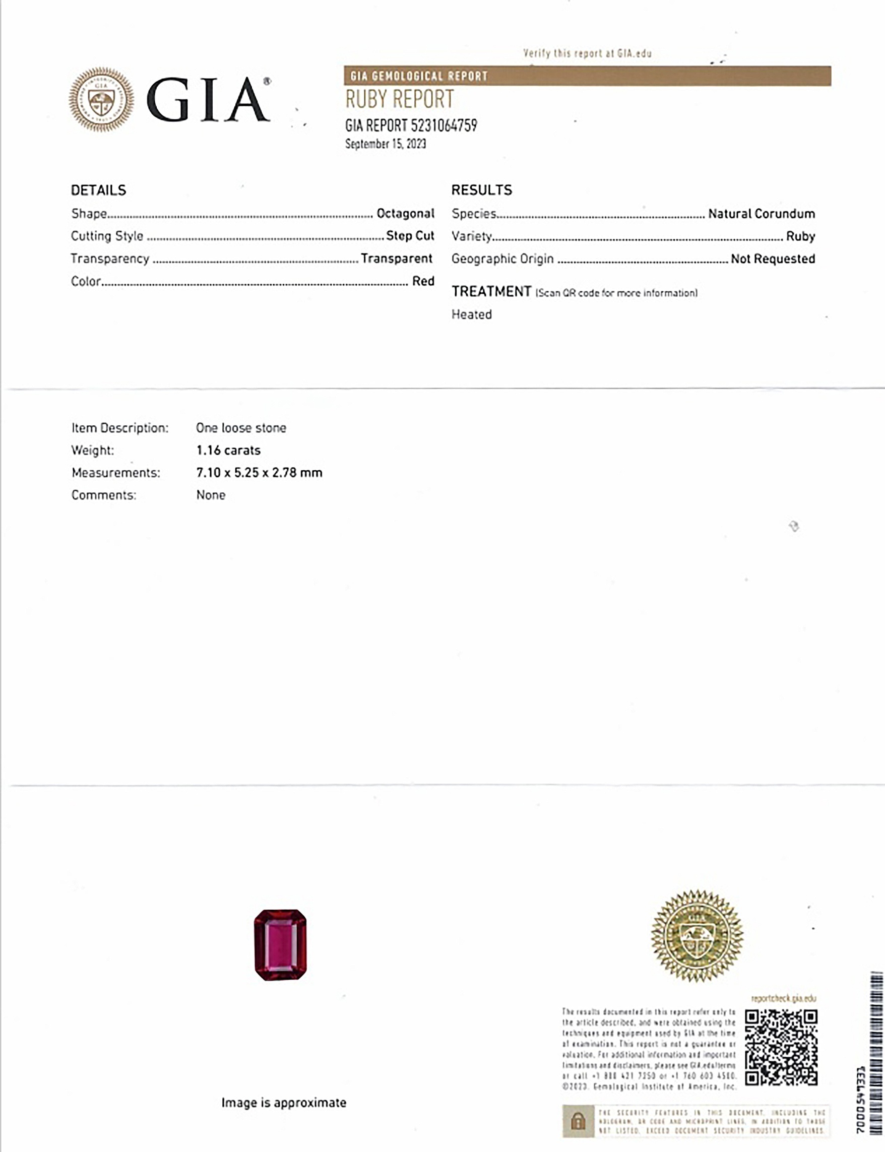 1.16 Ct. Ruby from Mozambique