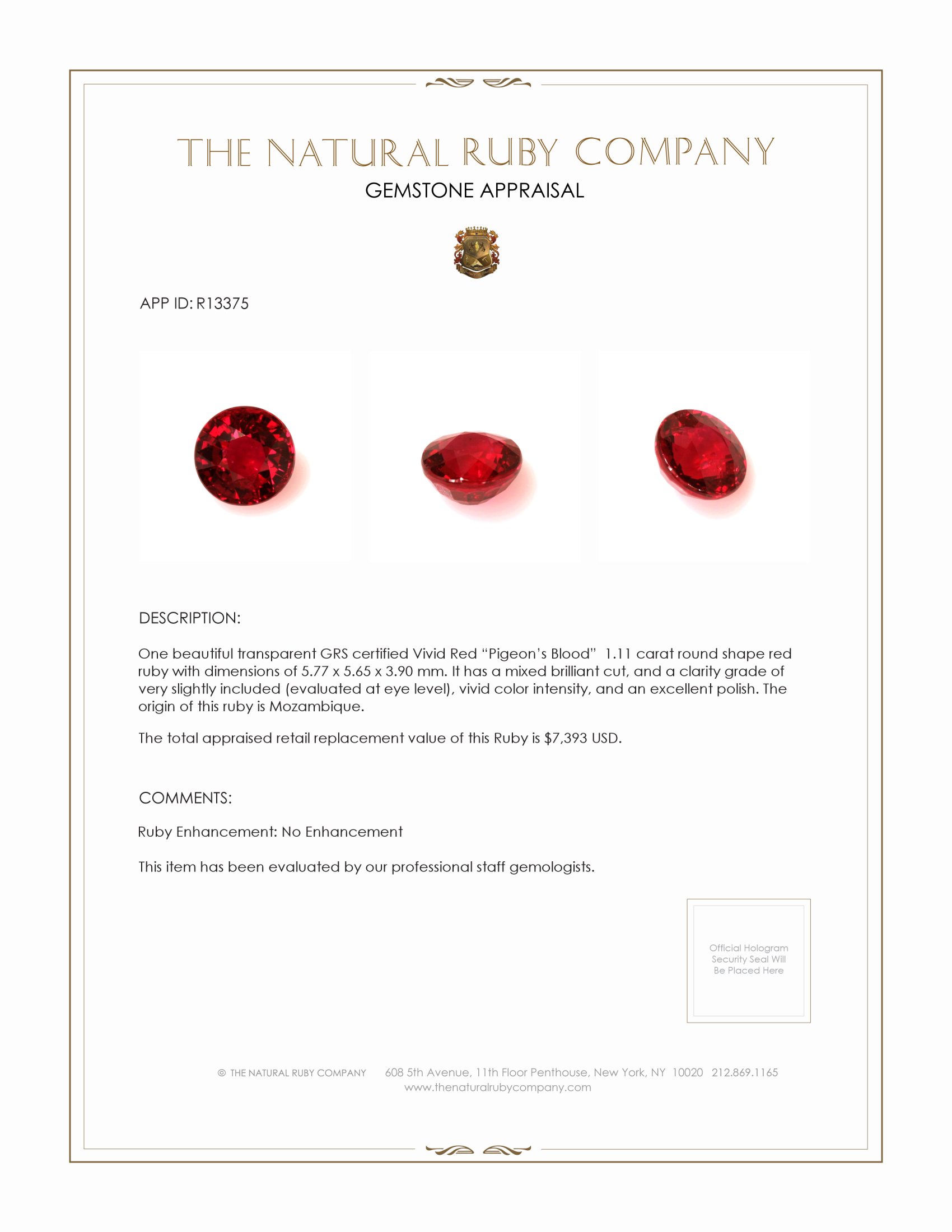 1.11 Ct. Ruby from Mozambique