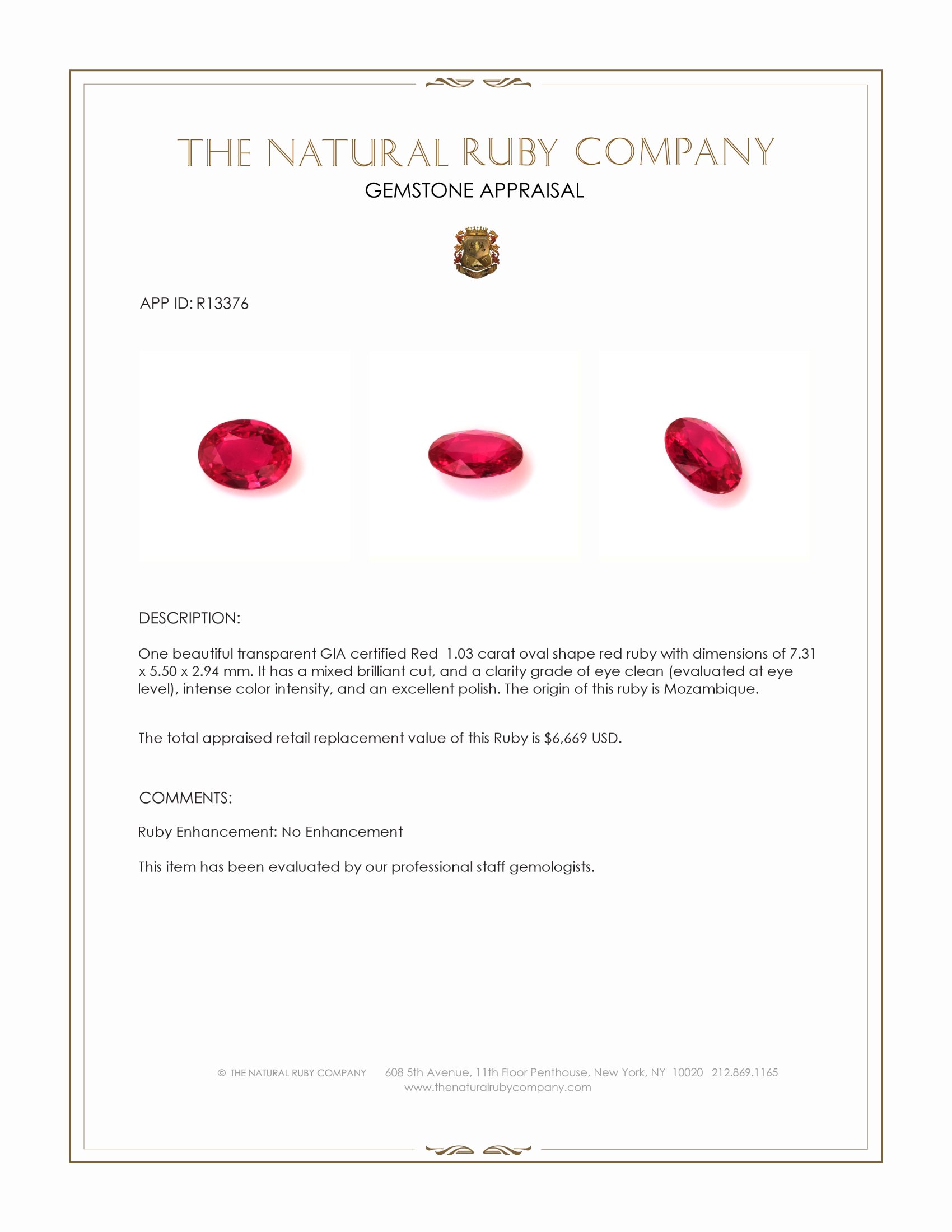 1.03 Ct. Ruby from Mozambique