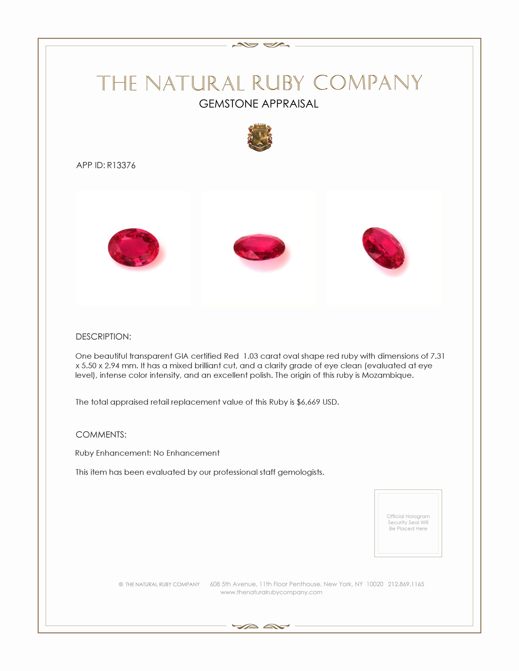 1.03 Ct. Ruby from Mozambique