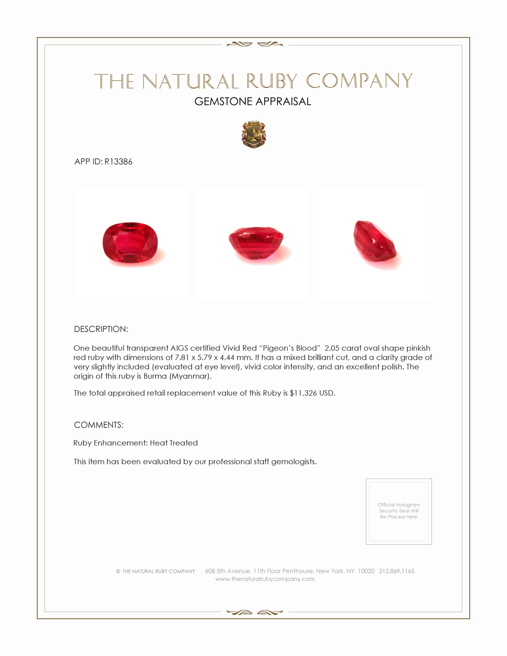 2.05 Ct. Ruby from Burma (Myanmar)