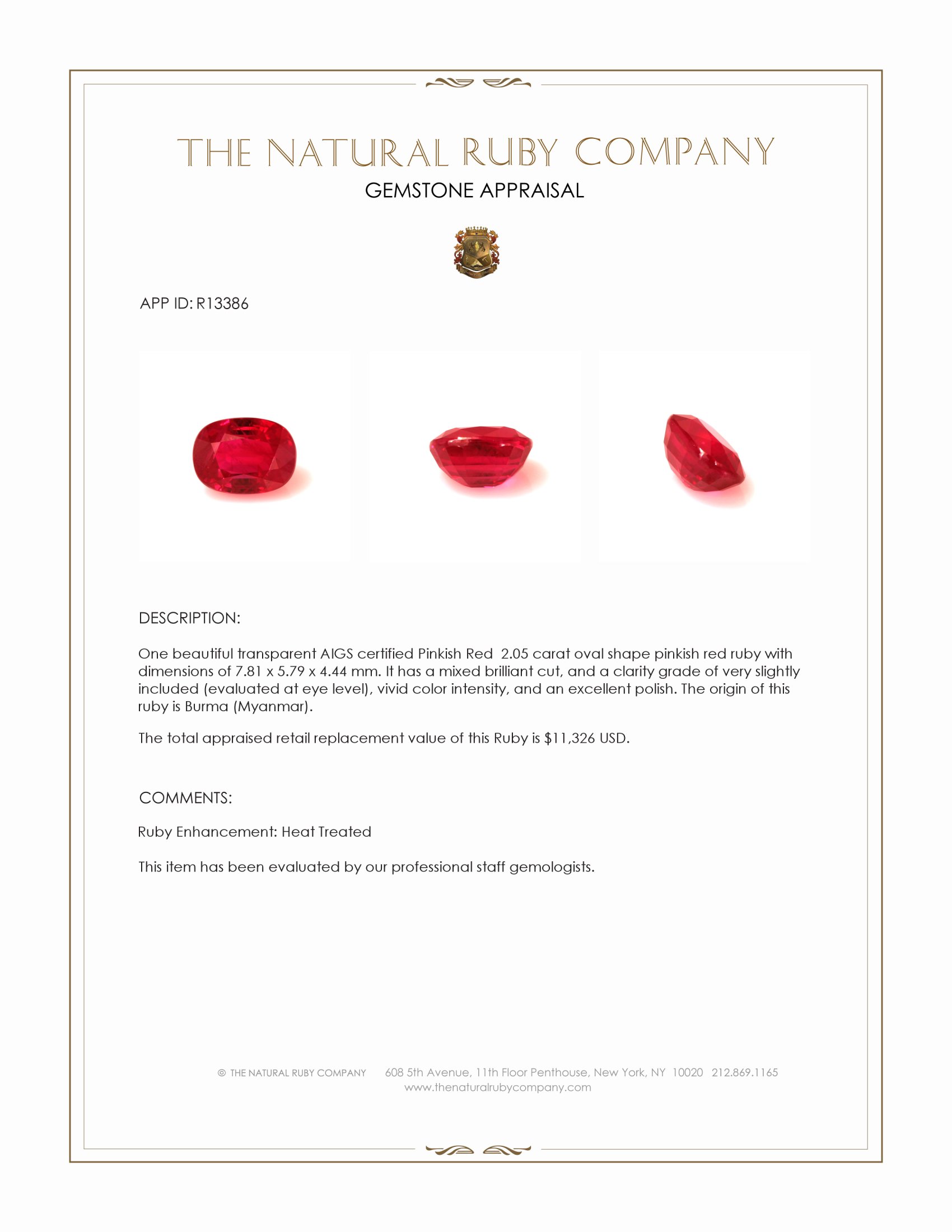 2.05 Ct. Pinkish Red Ruby from Burma (Myanmar)