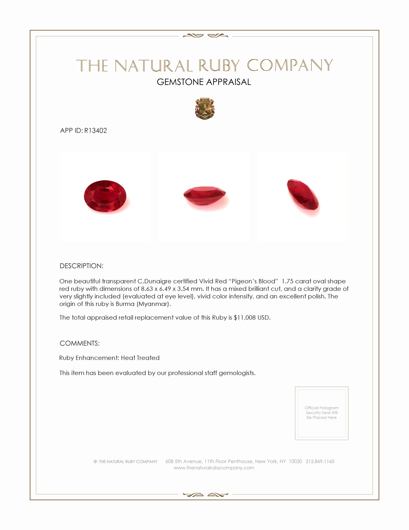 1.75 Ct. Ruby from Burma (Myanmar)