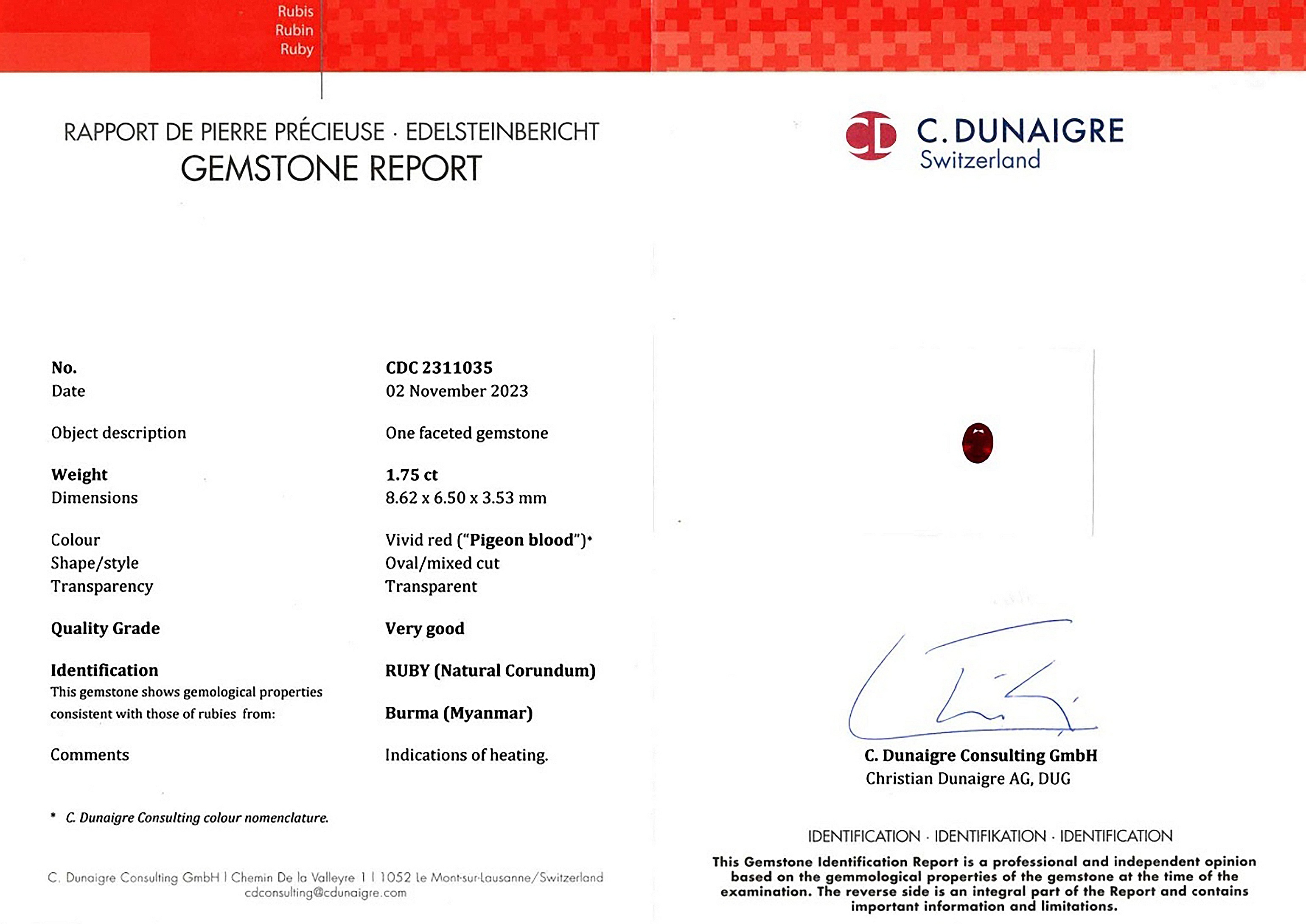 1.75 Ct. Ruby from Burma (Myanmar)