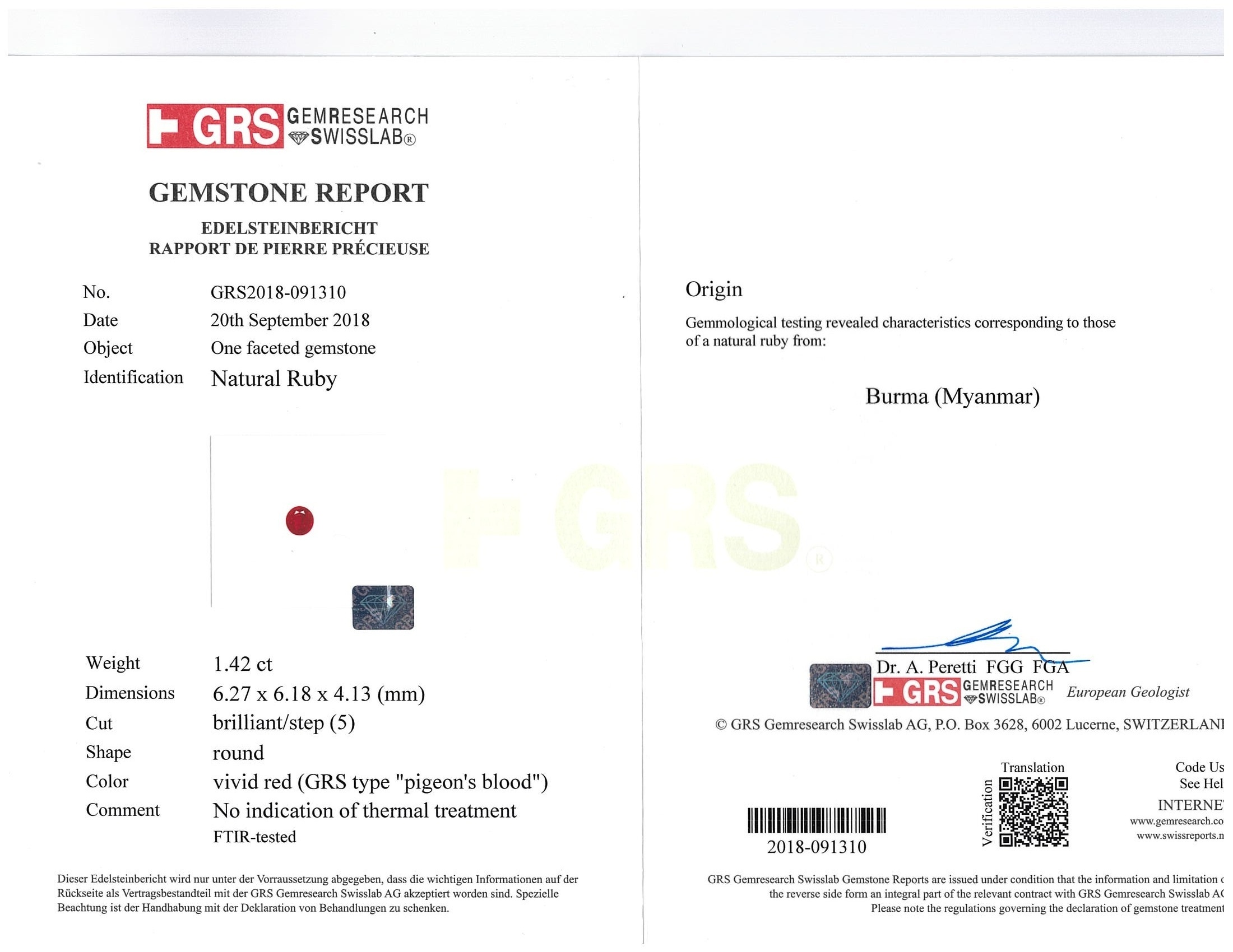 1.42 Ct. Ruby from Burma (Myanmar)