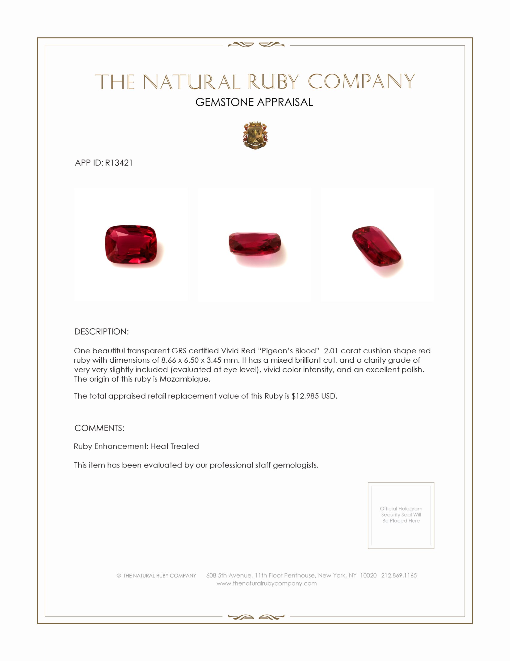 2.01 Ct. Ruby from Mozambique