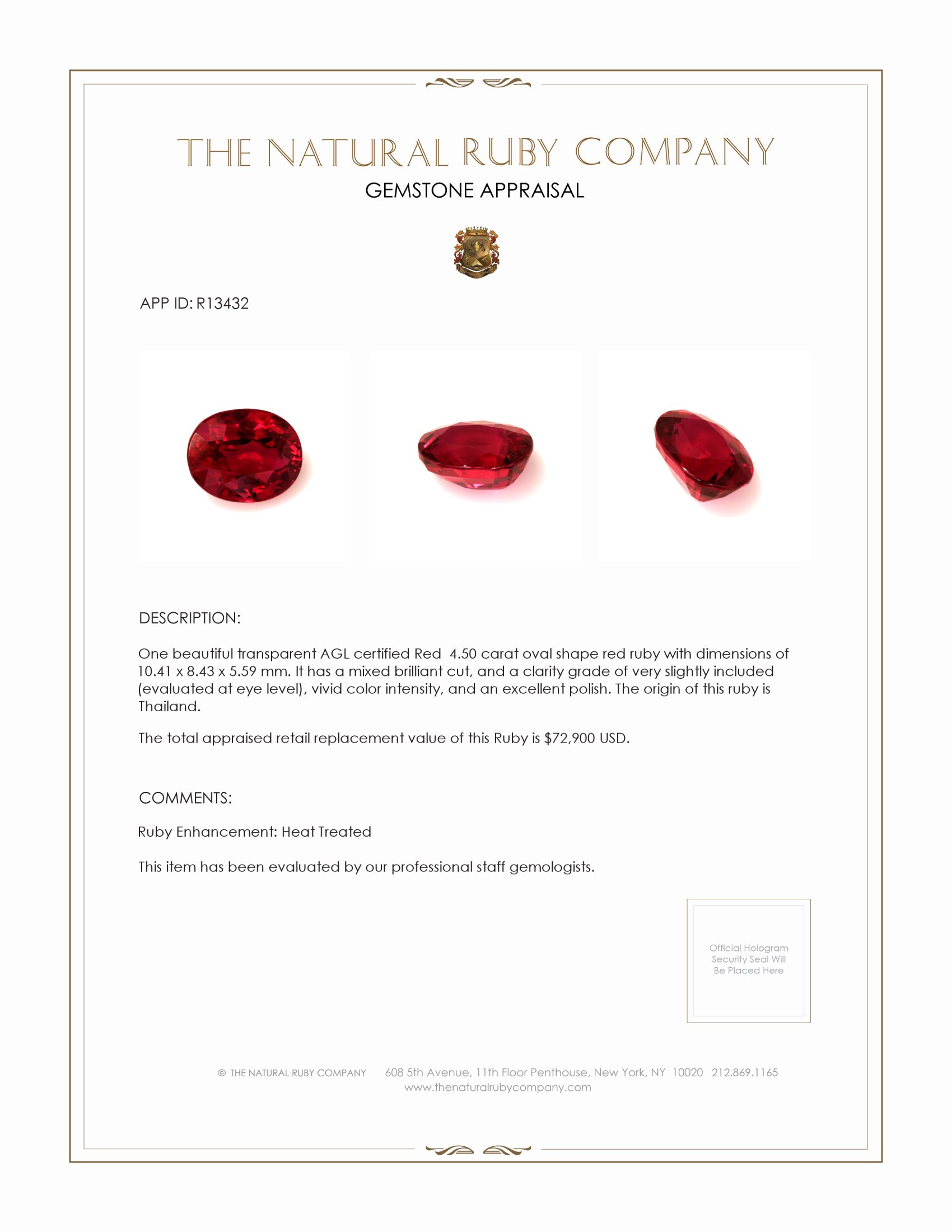 4.50 Ct. Ruby from Thailand