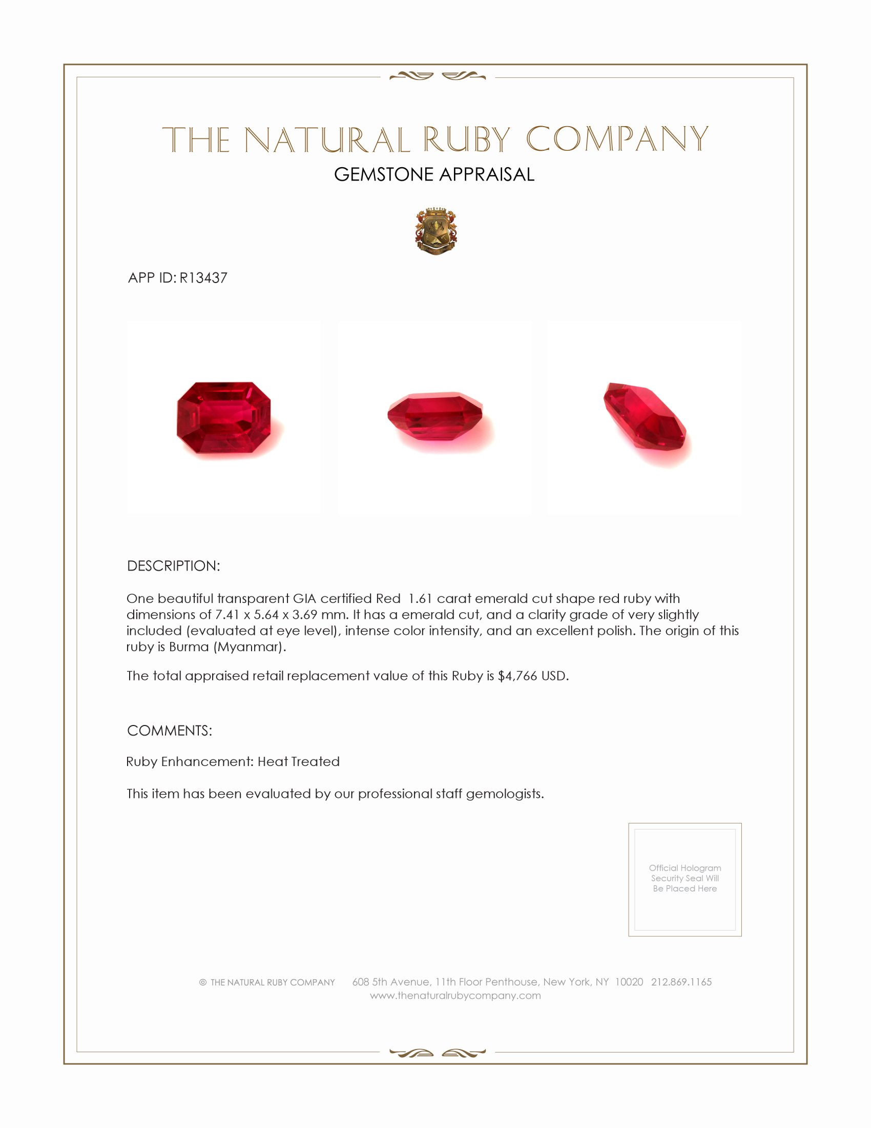 1.61 Ct. Ruby from Burma (Myanmar)