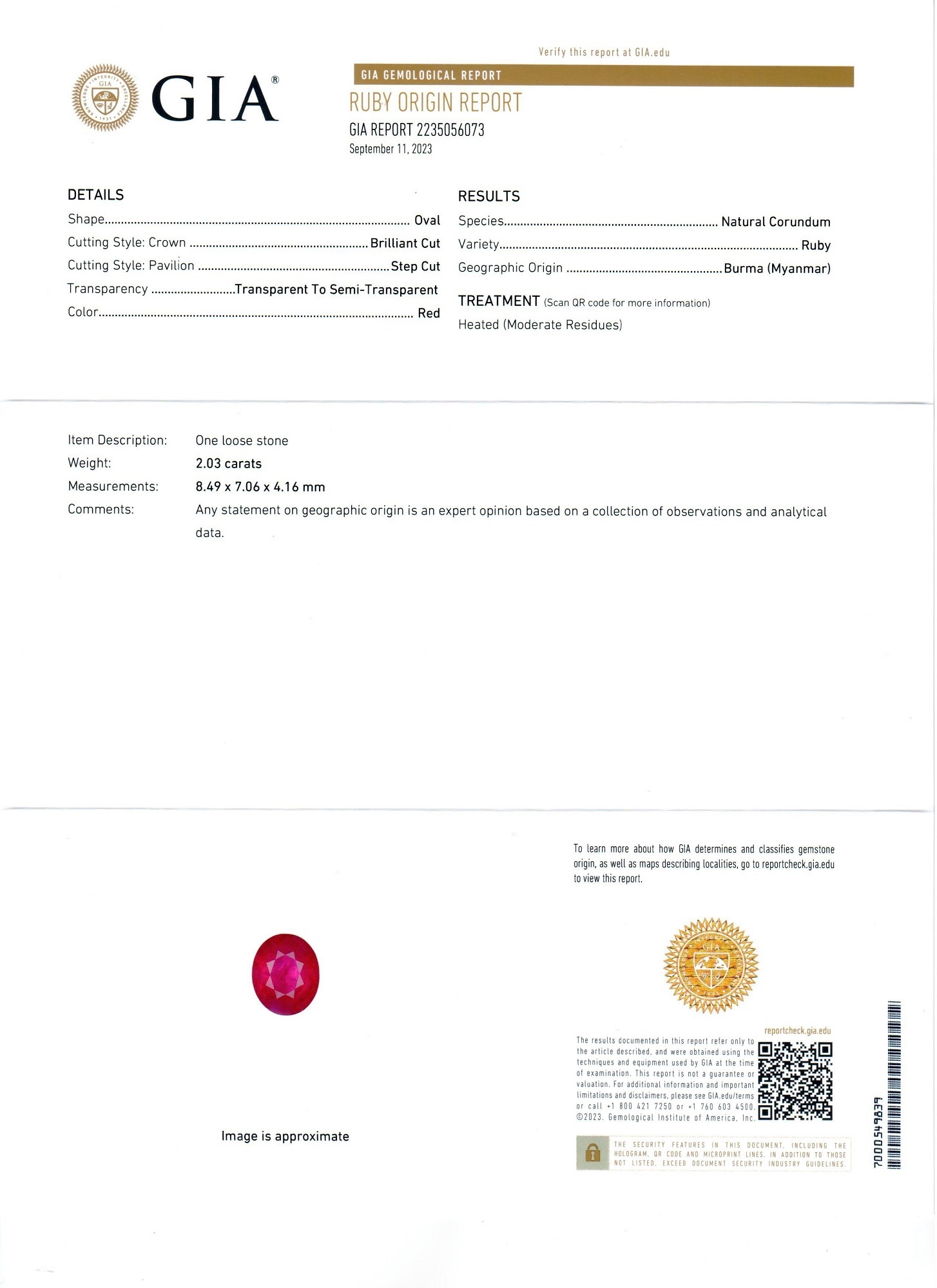 2.03 Ct. Ruby from Burma (Myanmar)