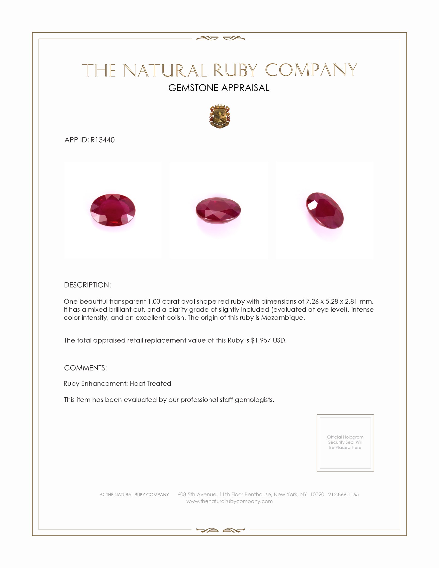 1.03 Ct. Ruby from Mozambique