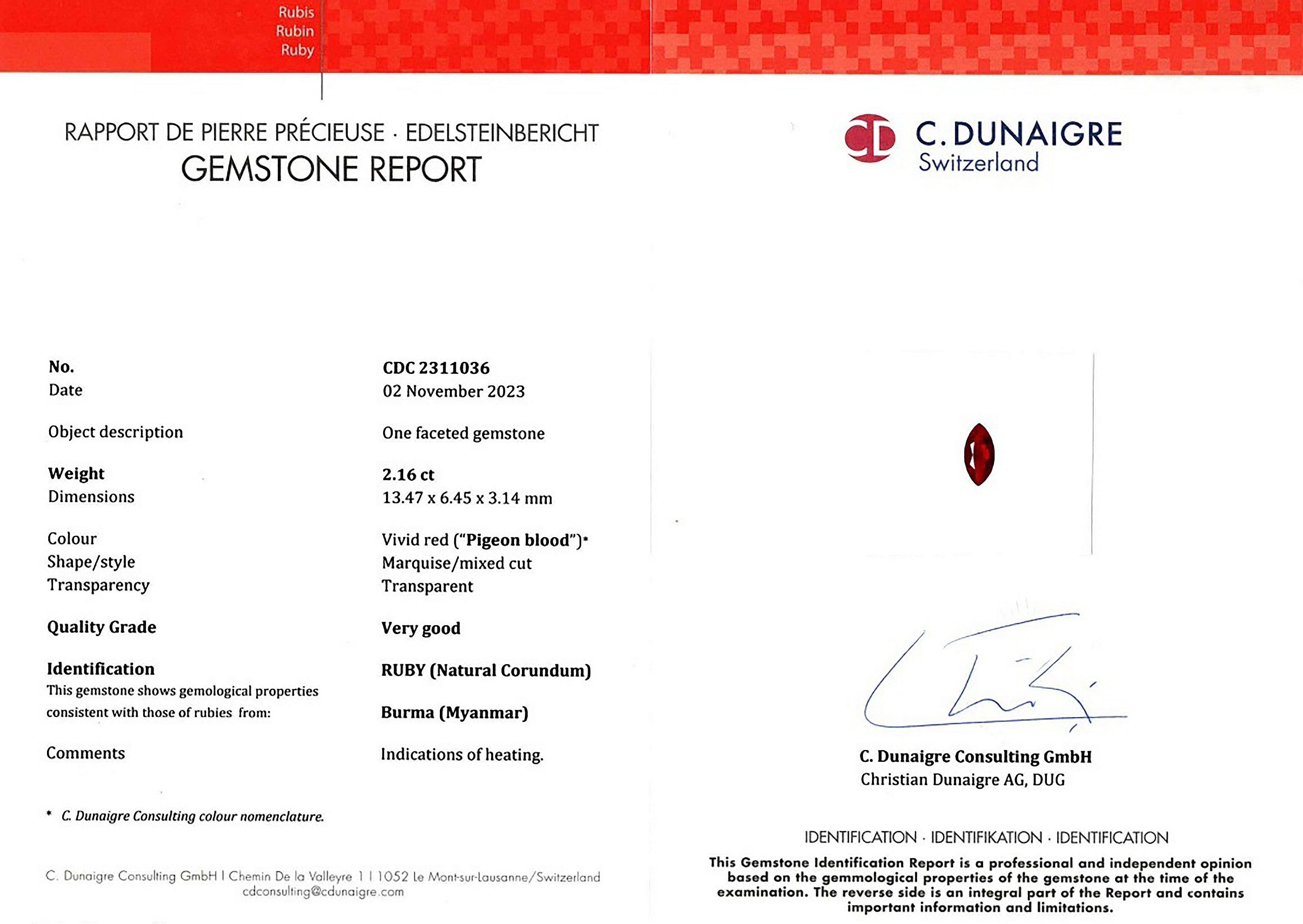 2.16 Ct. Ruby from Burma (Myanmar)