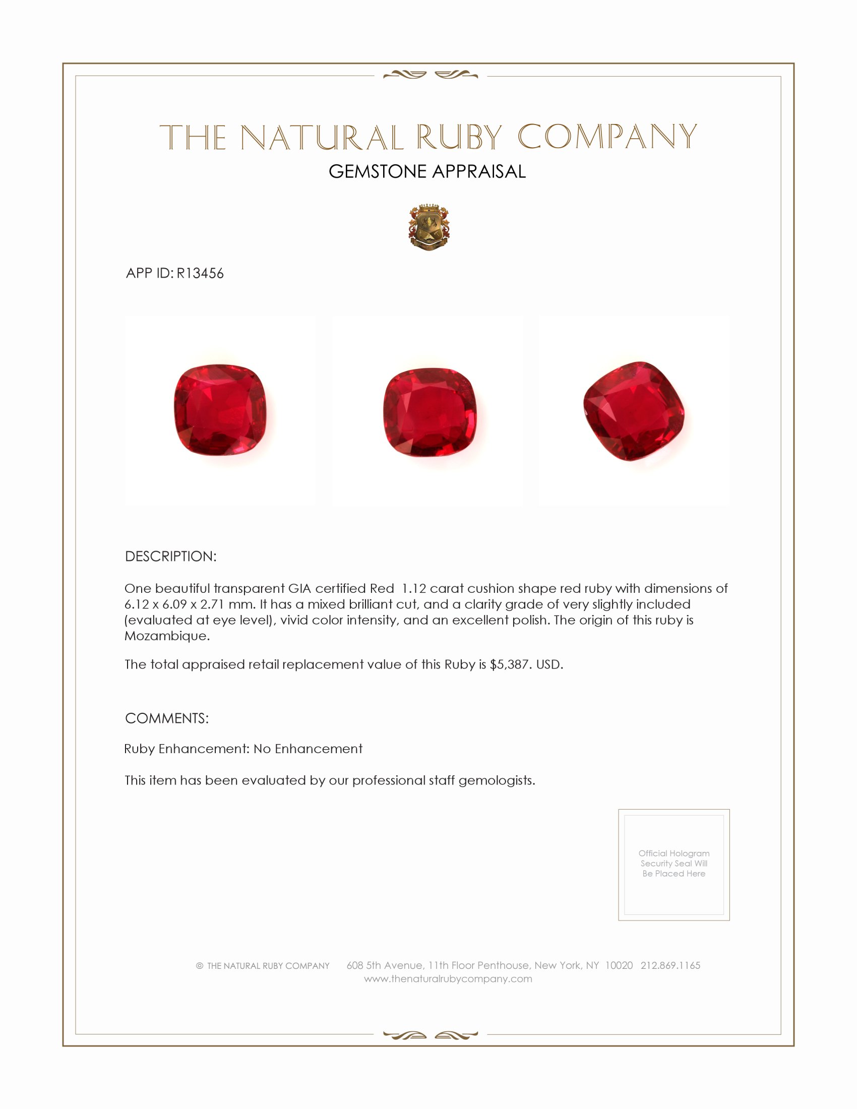 1.12 Ct. Ruby from Mozambique