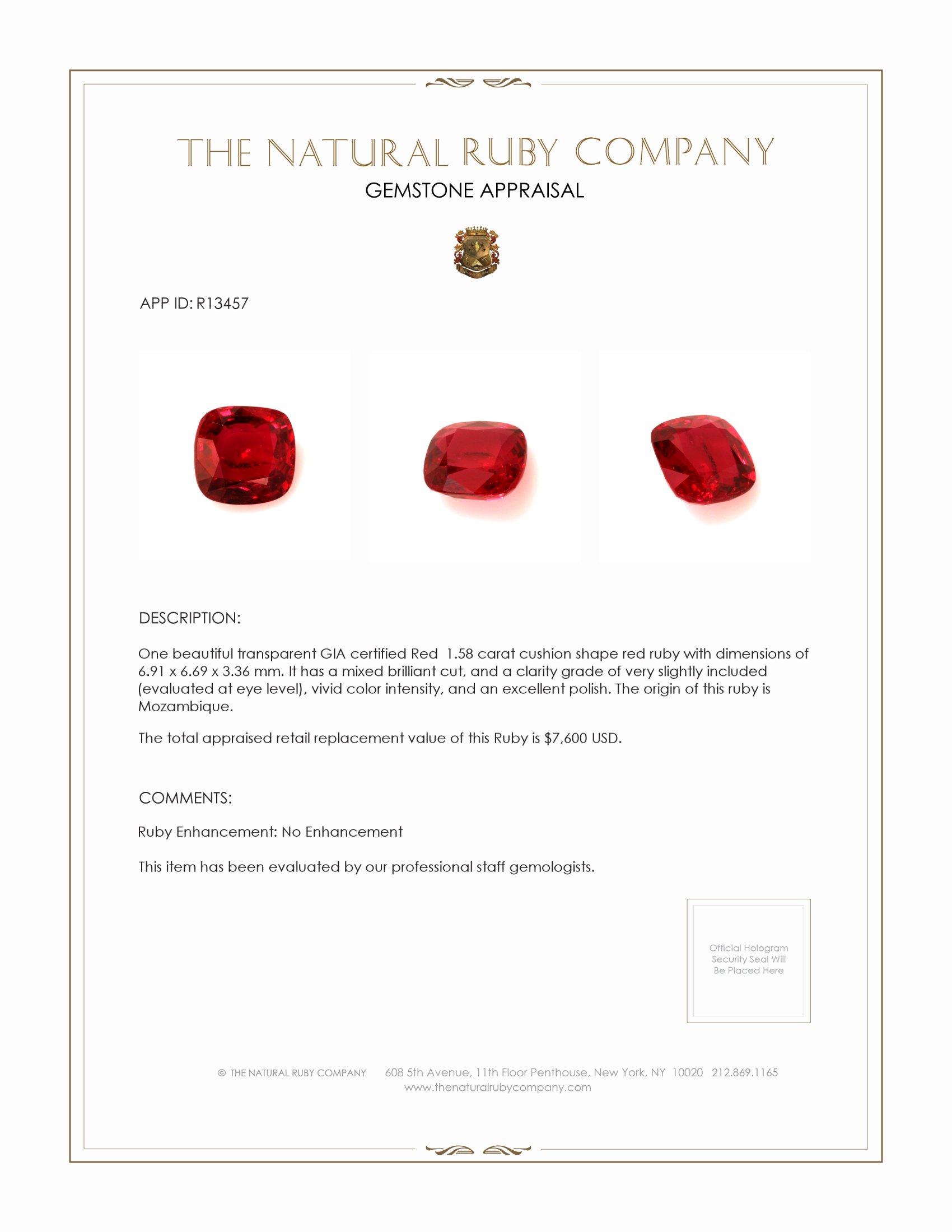 1.58 Ct. Ruby from Mozambique