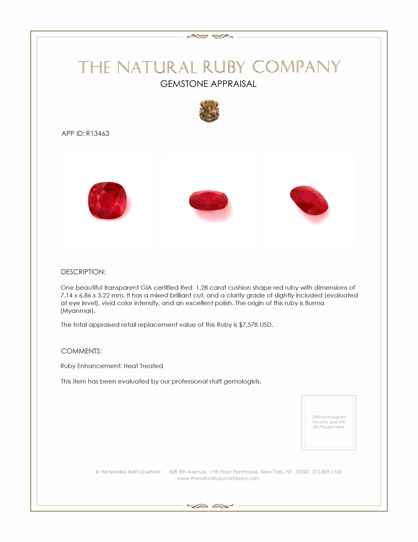 1.28 Ct. Ruby from Burma (Myanmar)