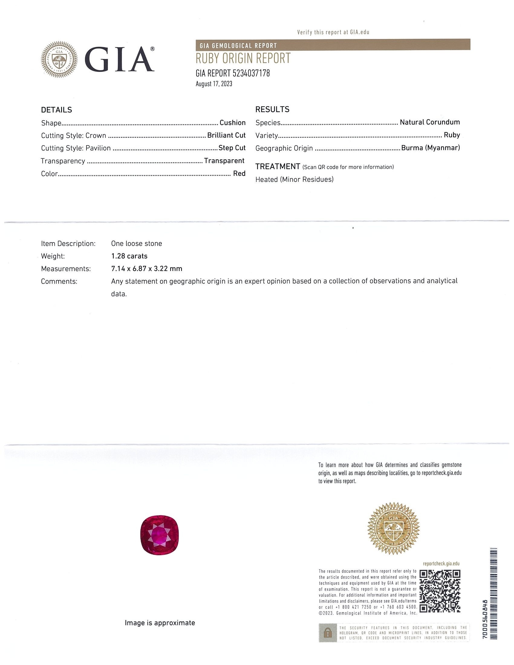 1.28 Ct. Ruby from Burma (Myanmar)