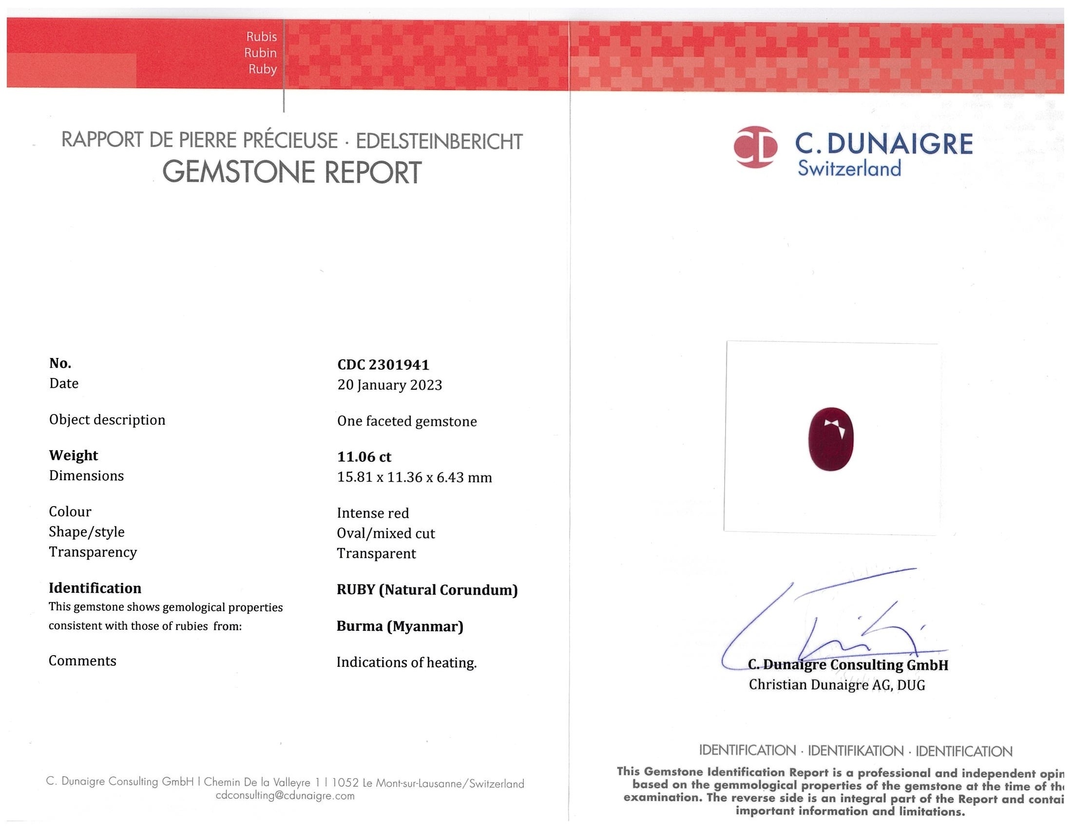 11.06 Ct. Ruby from Burma (Myanmar)