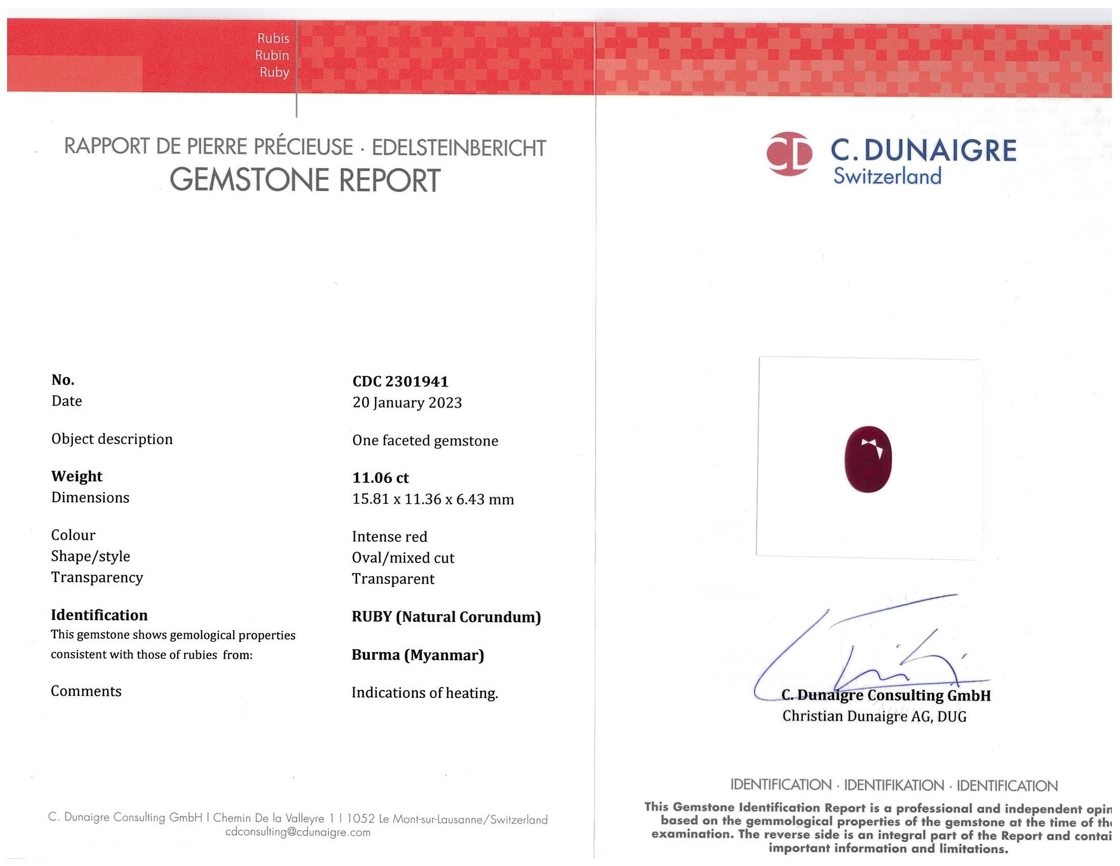 11.06 Ct. Ruby from Burma (Myanmar)