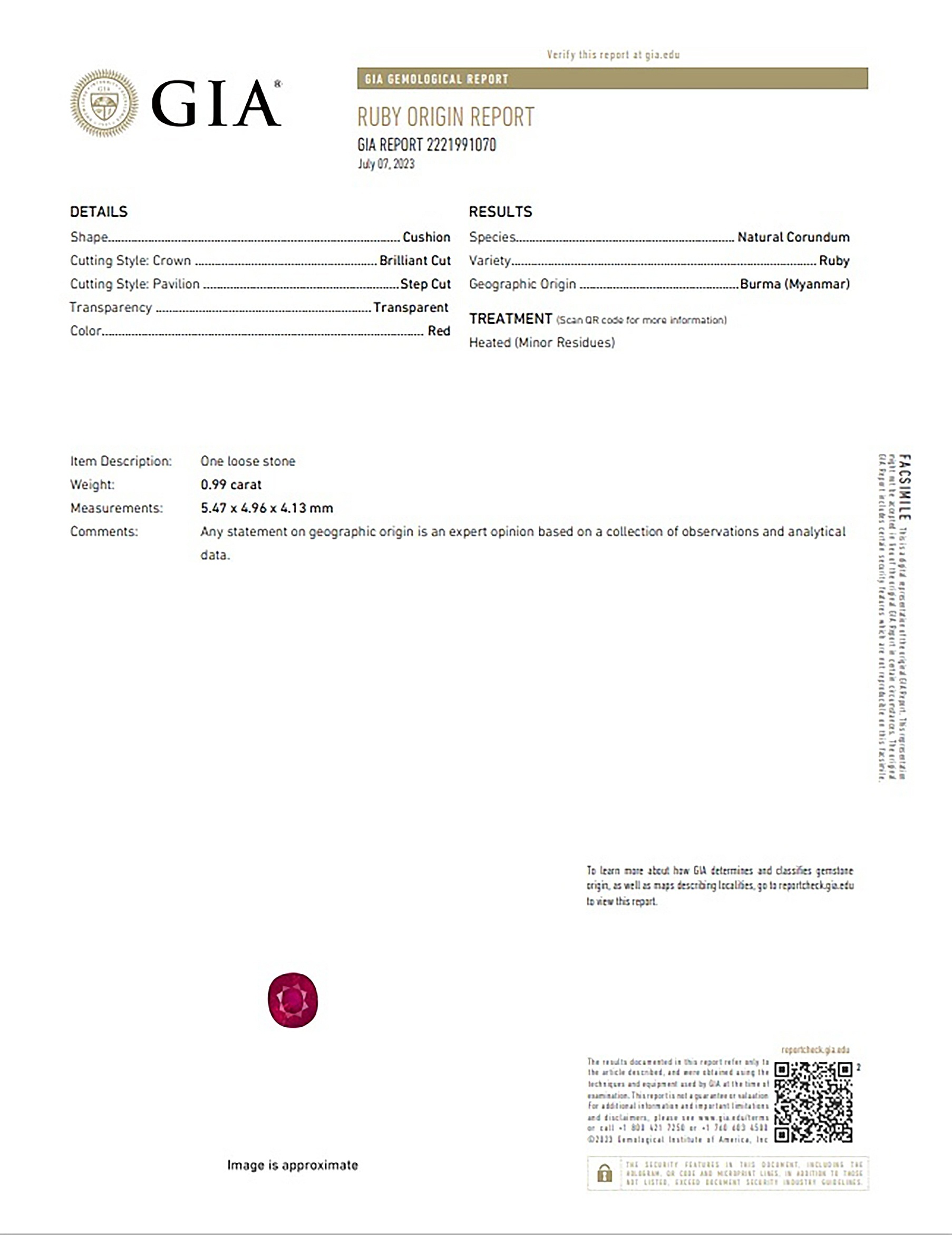 0.99 Ct. Ruby from Burma (Myanmar)