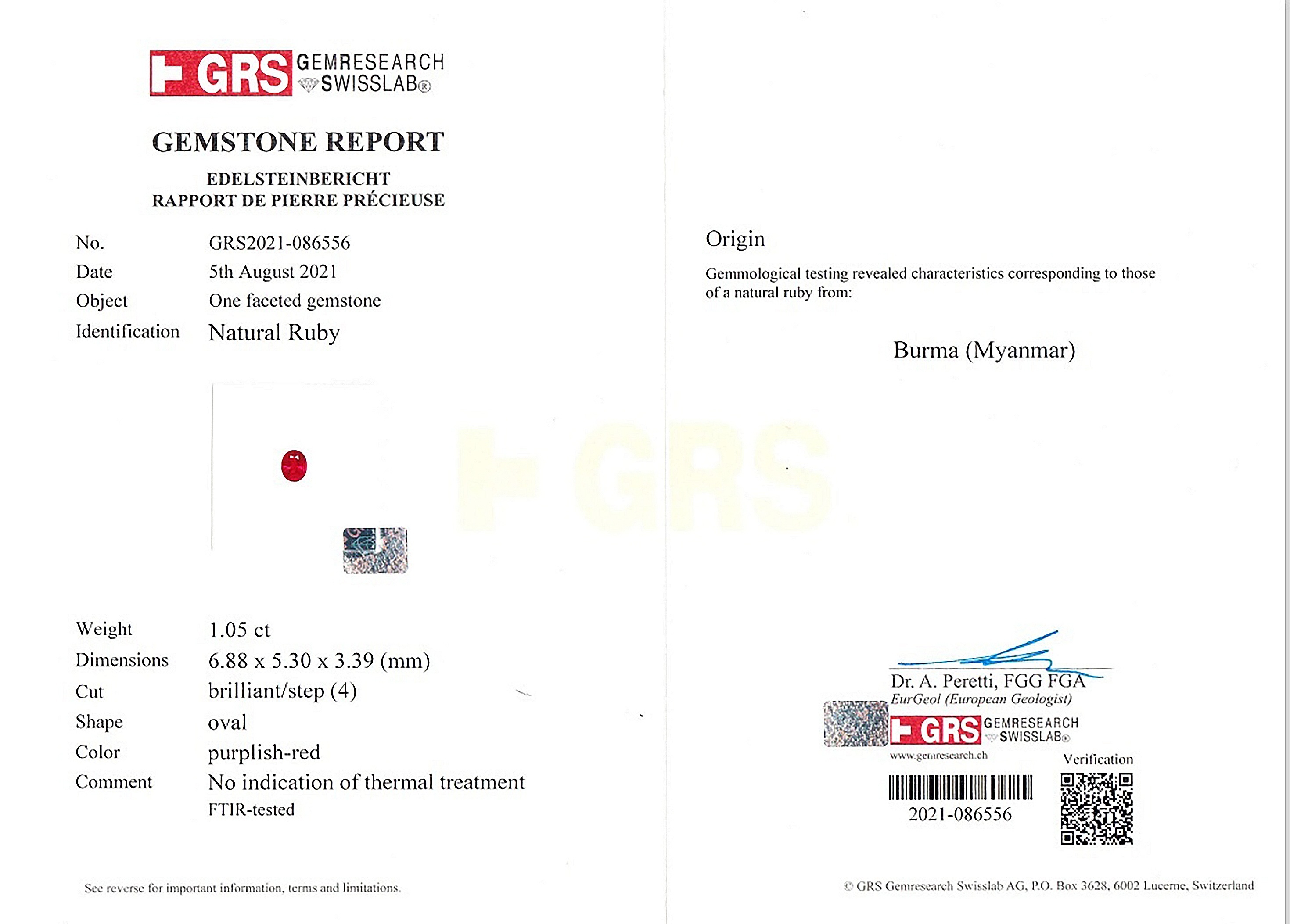 1.05 Ct. Ruby from Burma (Myanmar)