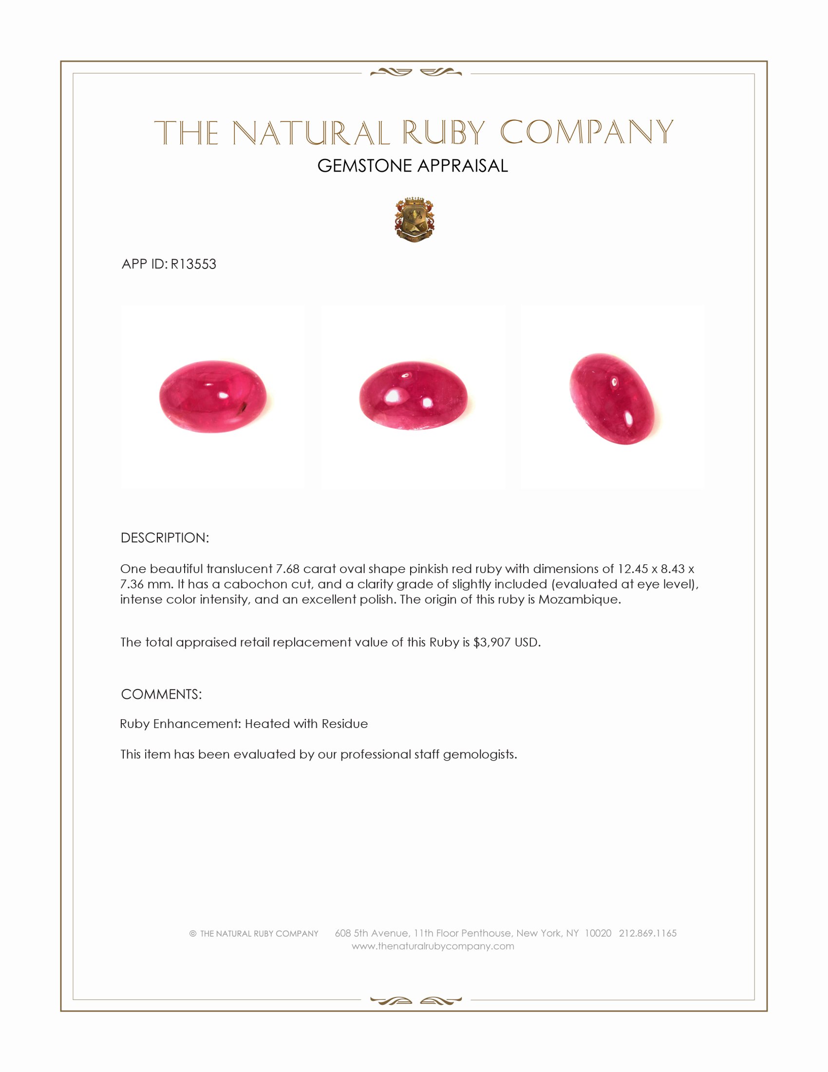 7.68 Ct. Pinkish Red Cabochon Ruby from Mozambique
