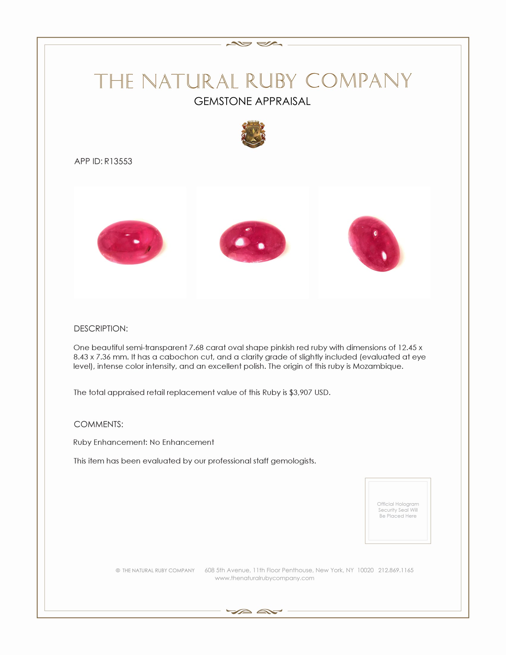 7.68 Ct. Cabochon Ruby from Mozambique