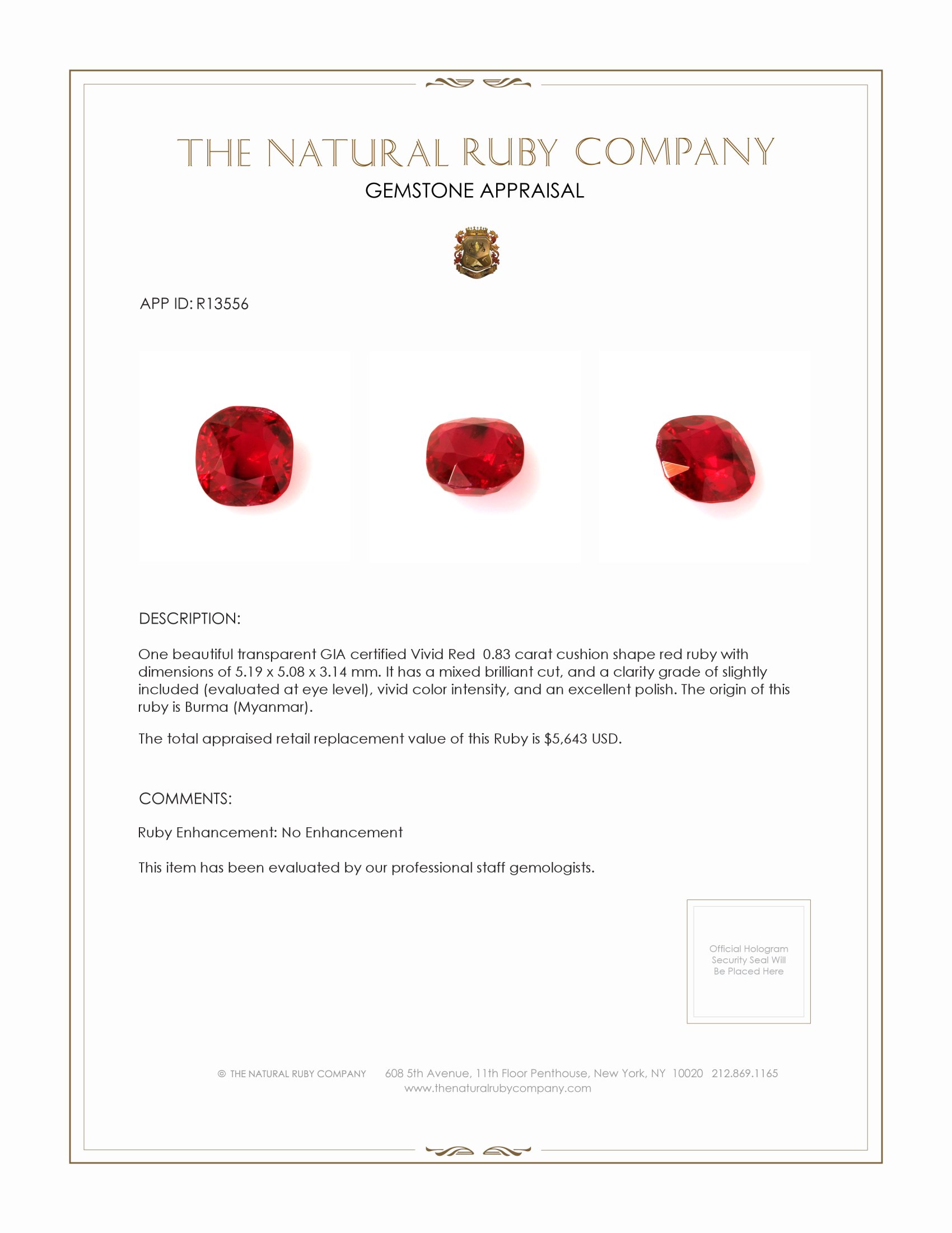 0.83 Ct. Ruby from Burma (Myanmar)