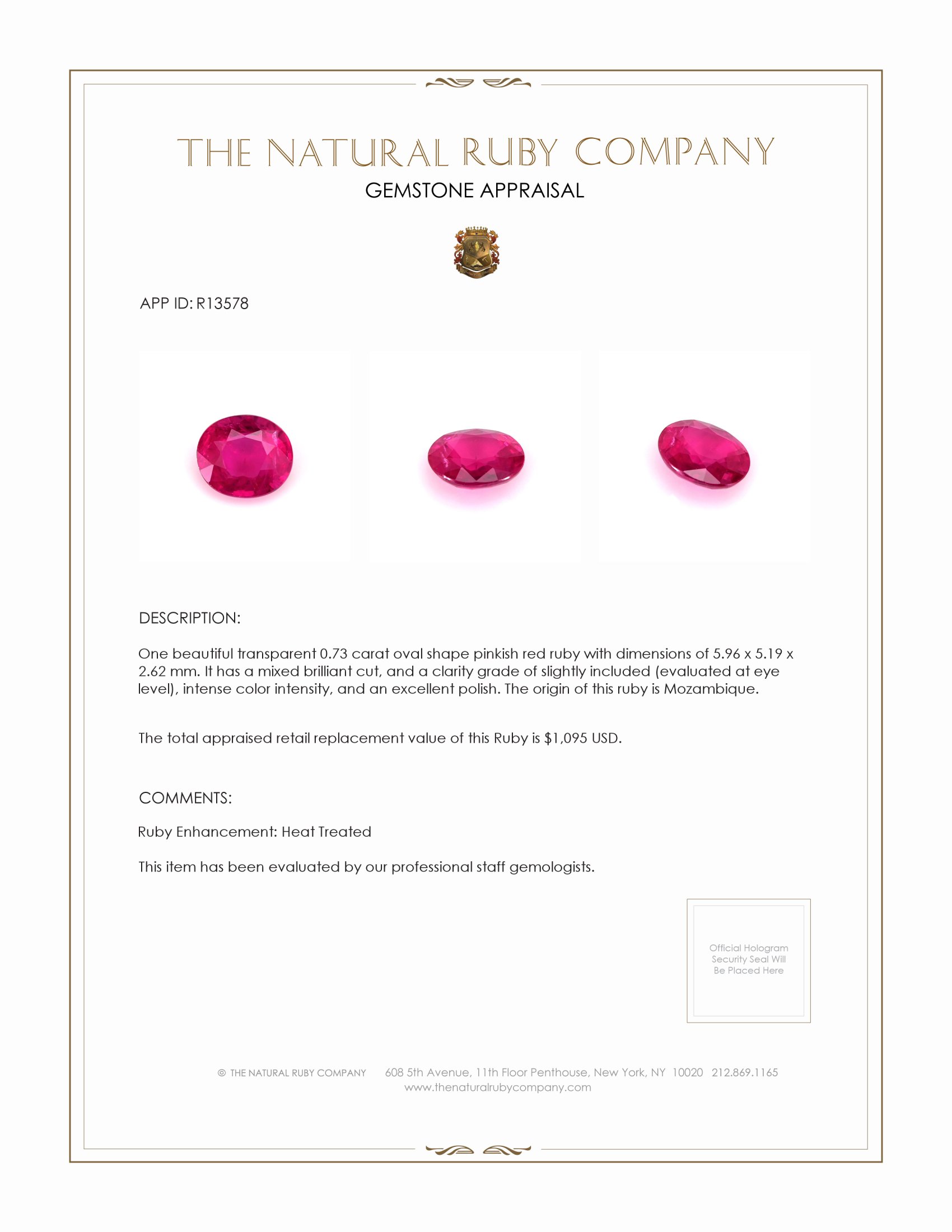 0.73 Ct. Ruby from Mozambique