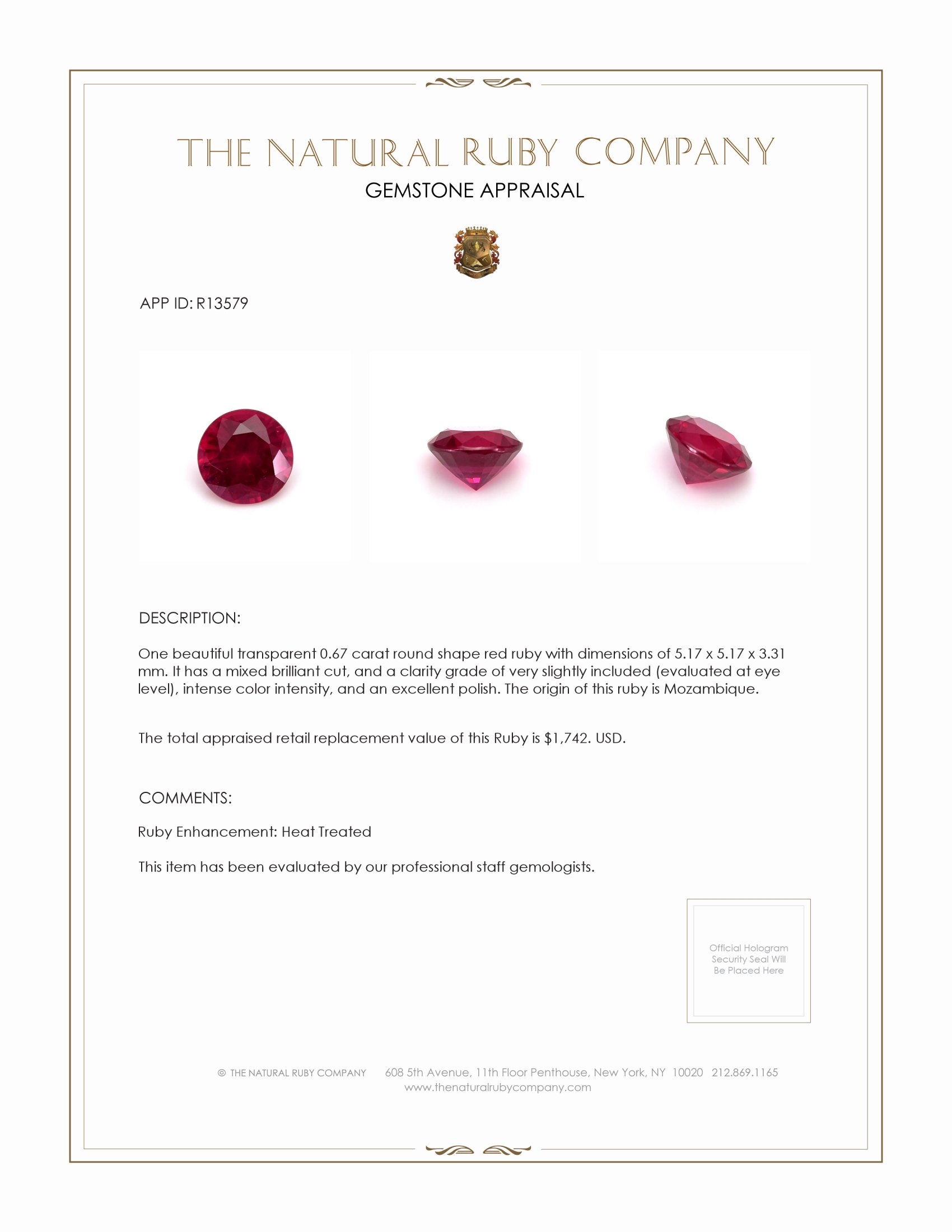 0.67 Ct. Ruby from Mozambique